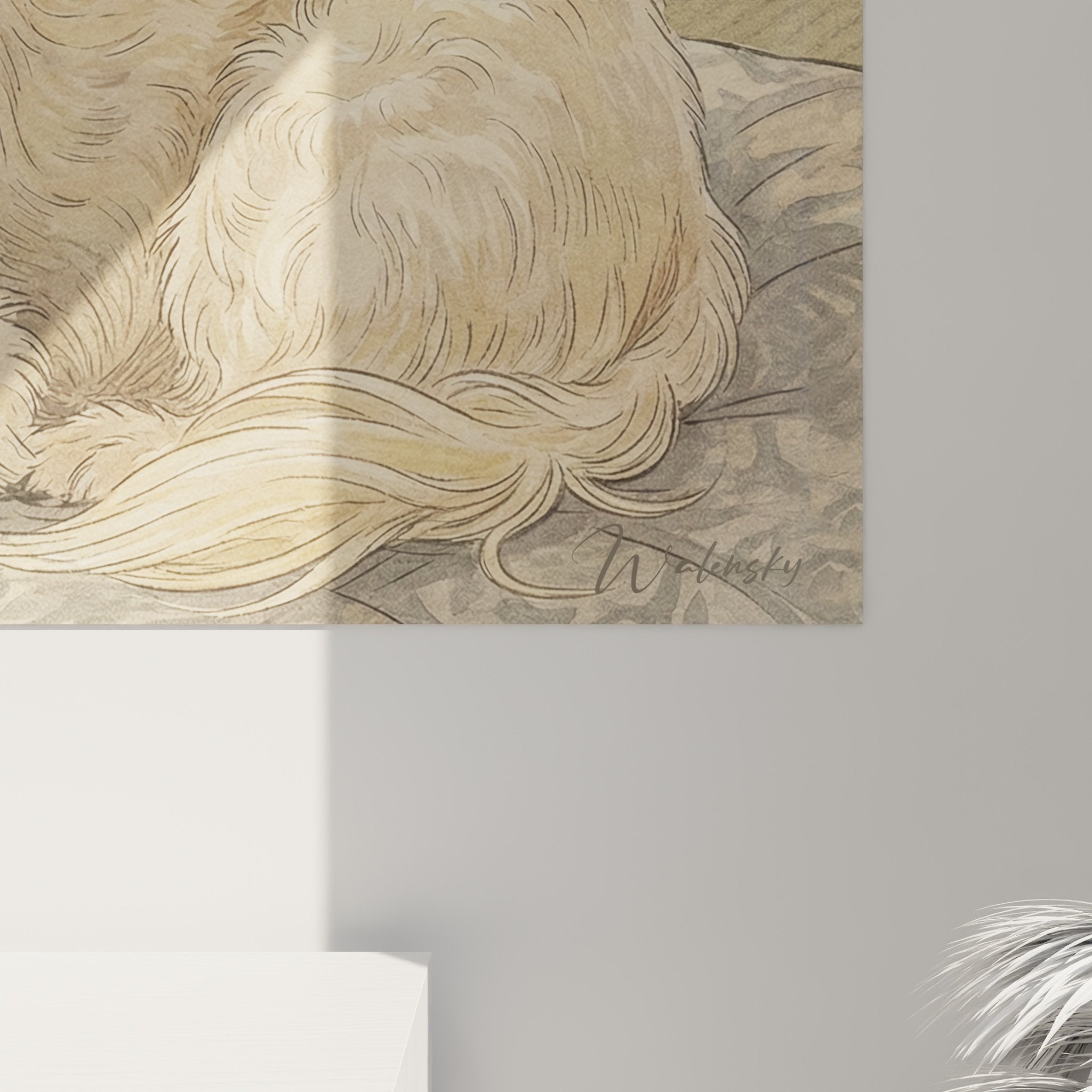 Vue d'ensemble du portrait de Bichon Maltais dans palette beige et crème avec lumière douce naturelle
