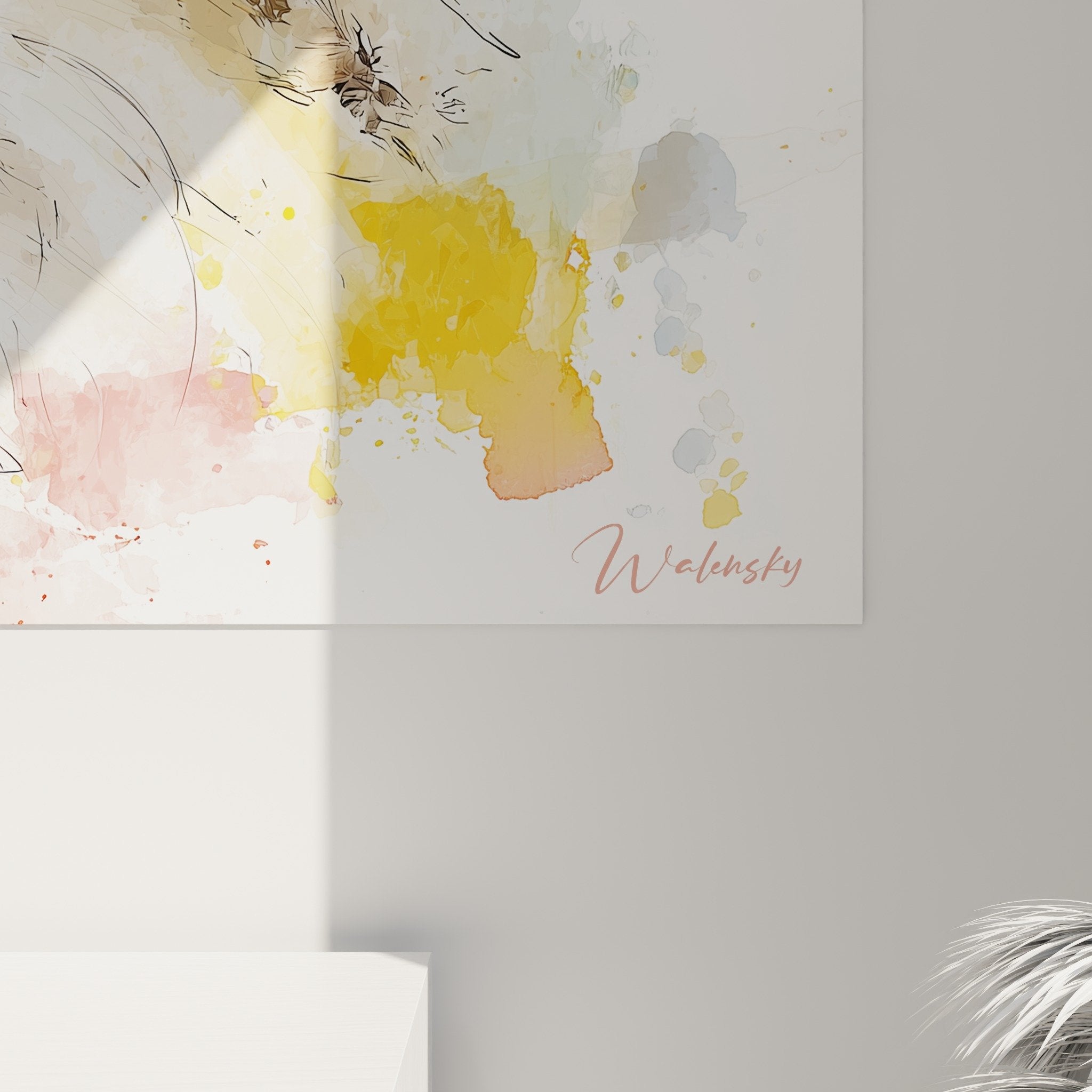 Vue d'ensemble tableau portrait canin aquarelle avec touches jaunes roses bleues decoration murale