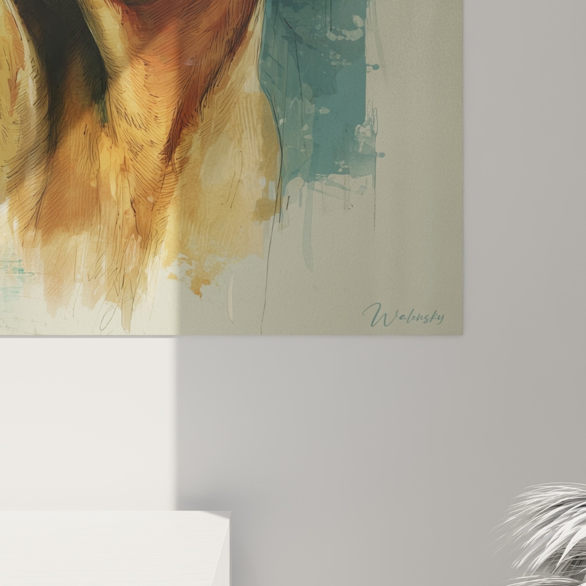 Vue d'ensemble du portrait canin dans intérieur contemporain, harmonie couleurs dorées et bleues