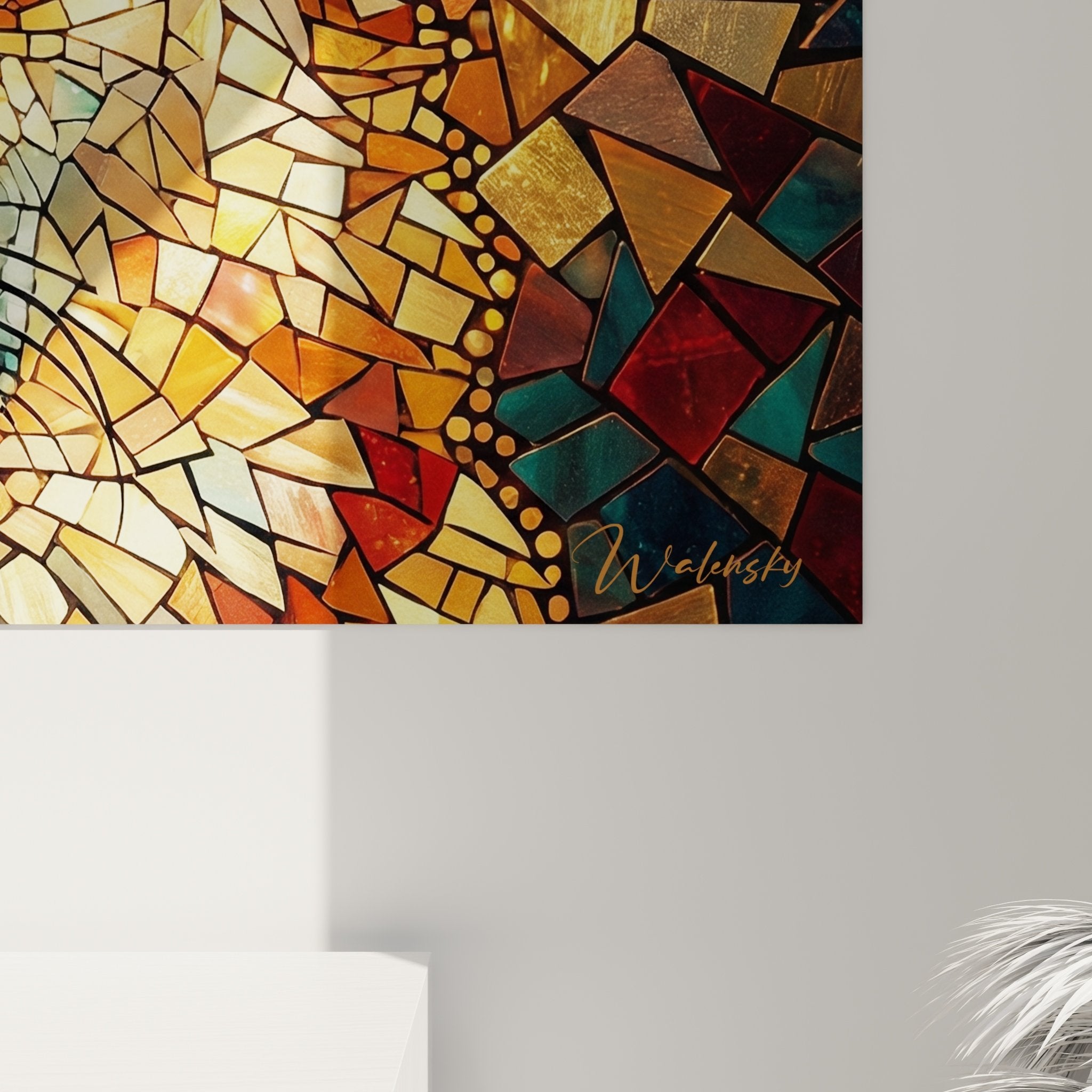 Overview of the mosaic canine portrait integrated into a warm and bright contemporary interior