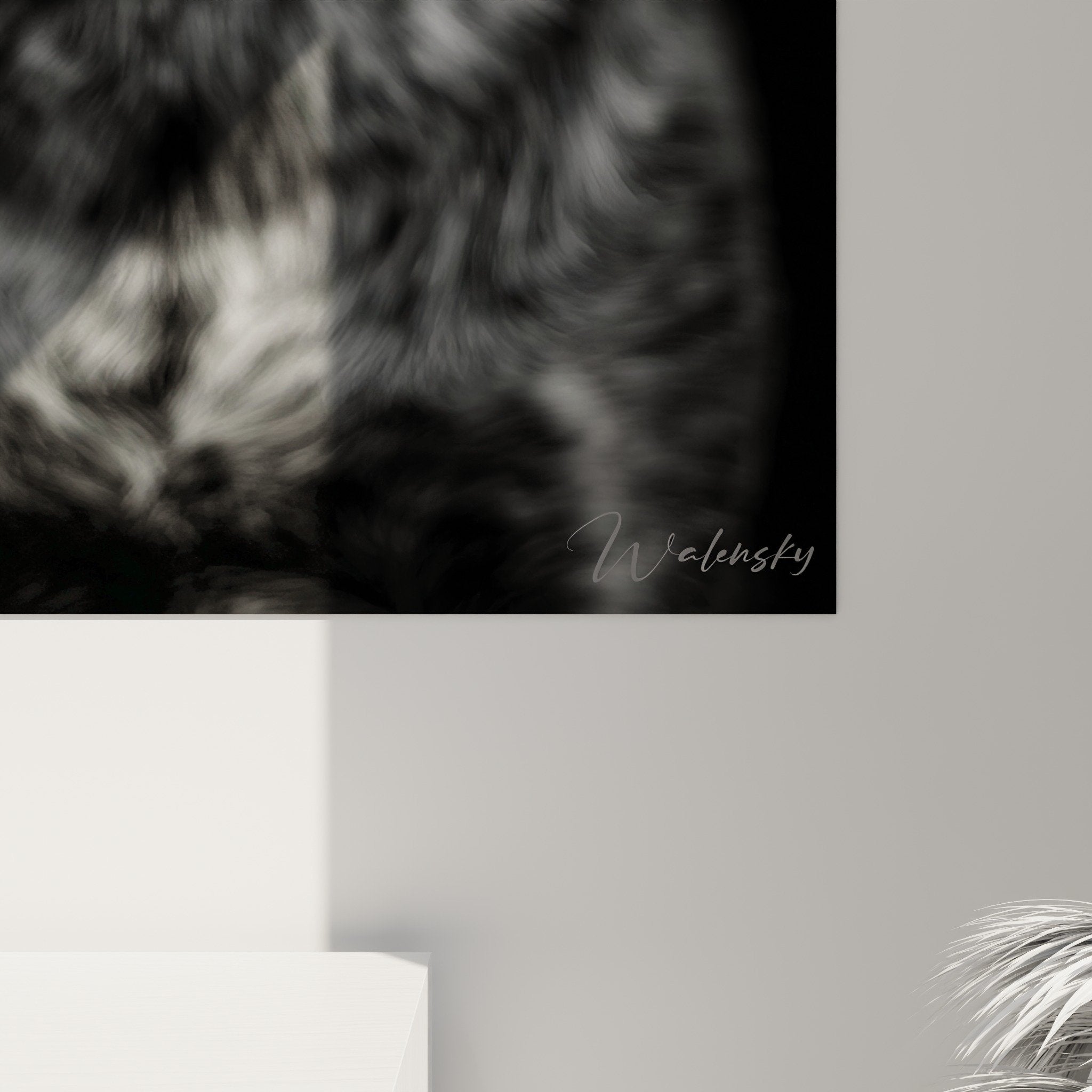 Vue d'ensemble tableau portrait Australian Cattle Dog, art mural contemporain noir blanc pour salon moderne