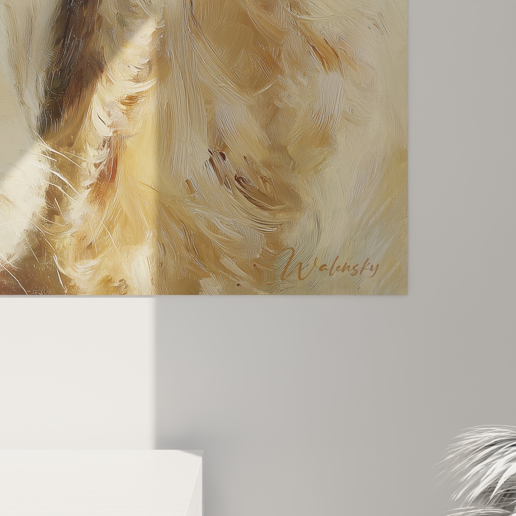 Vue d'ensemble tableau portrait chien Cocker Américain décoration murale tons beiges et ocre