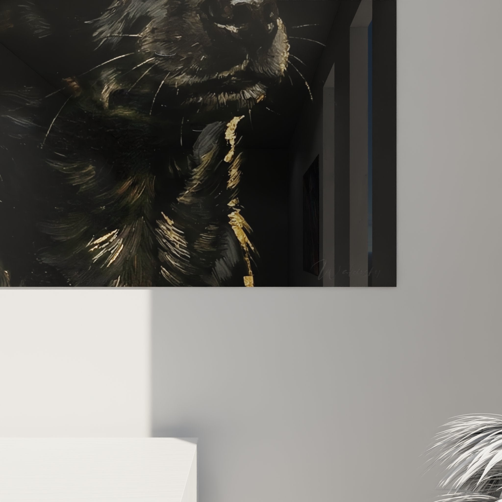 Panoramica del ritratto canino nero e oro, composizione equilibrata, contrasto affascinante