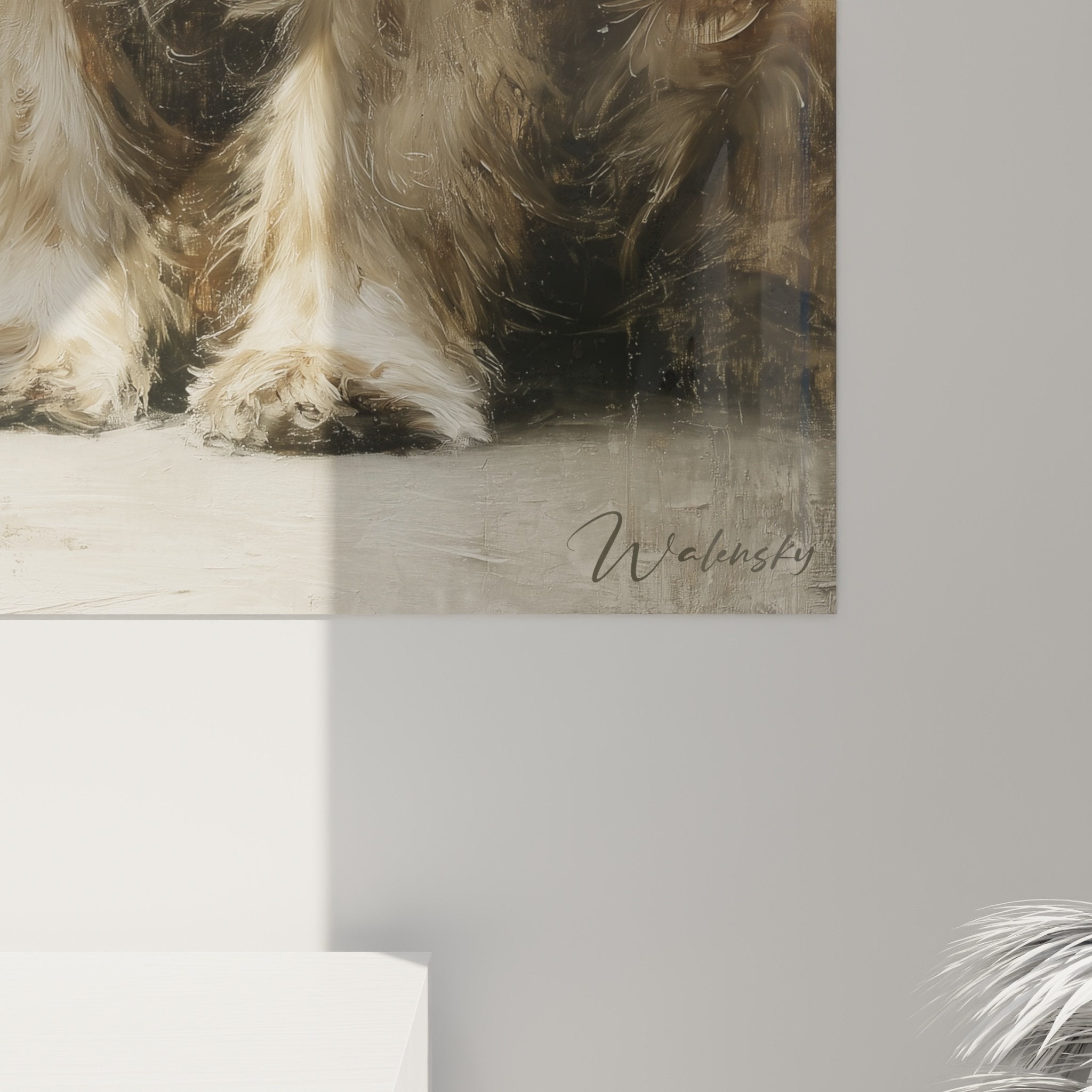Overview portrait painting American Cocker Spaniel textured beige background balanced composition animal art