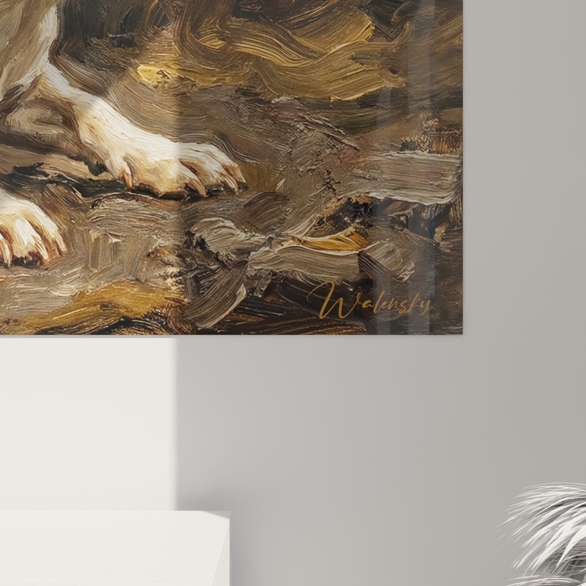 Vue d'ensemble tableau Jack Russel Terrier, œuvre d'art animalier tons chauds, décoration intérieur raffinée