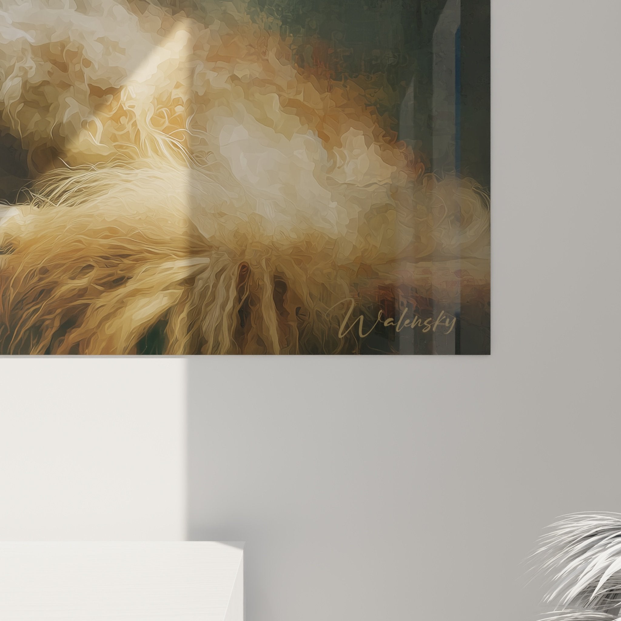 Vue d'ensemble tableau lévrier afghan contemplatif, harmonie chromatique beige-doré, composition équilibrée et élégante