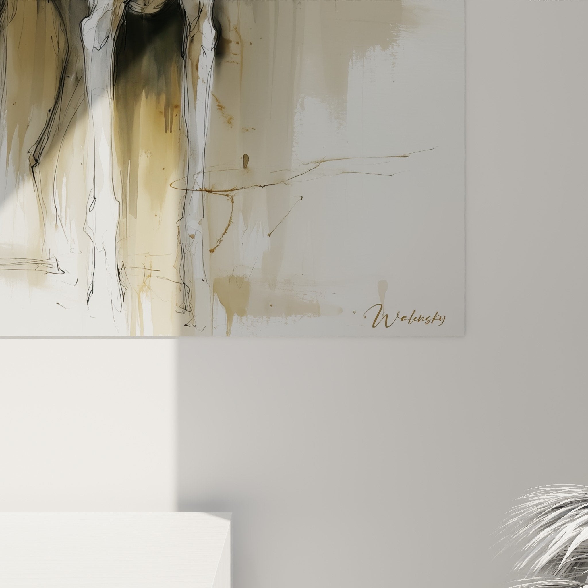 Vue d'ensemble tableau Barzoi aquarelle, lévrier russe profil gauche, arrière-plan doré vaporeux