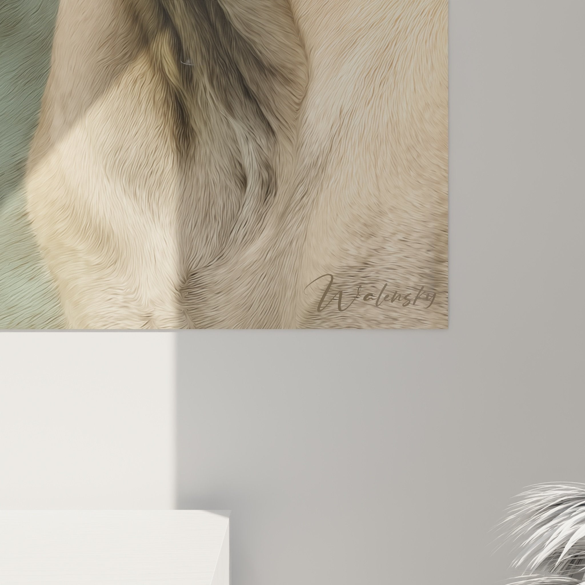 Vue d'ensemble tableau Mastiff Anglais portrait, harmonie chromatique beige brun et vert, style artistique noble