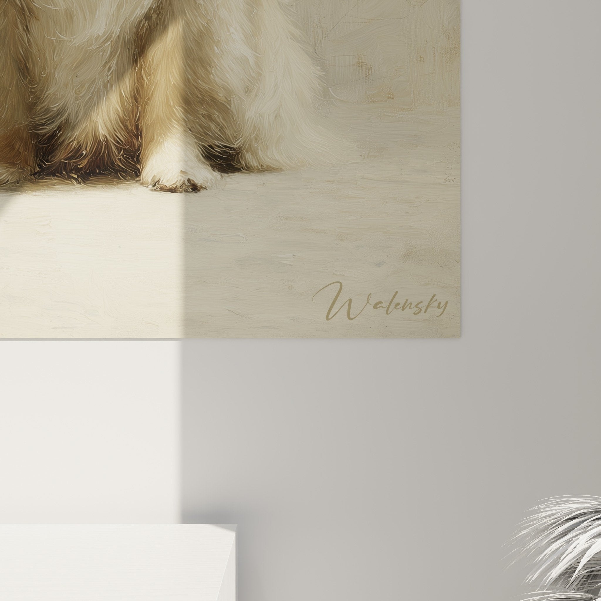 Vue d'ensemble tableau mural Pekinois dans salon contemporain, intégration harmonieuse décoration tons naturels