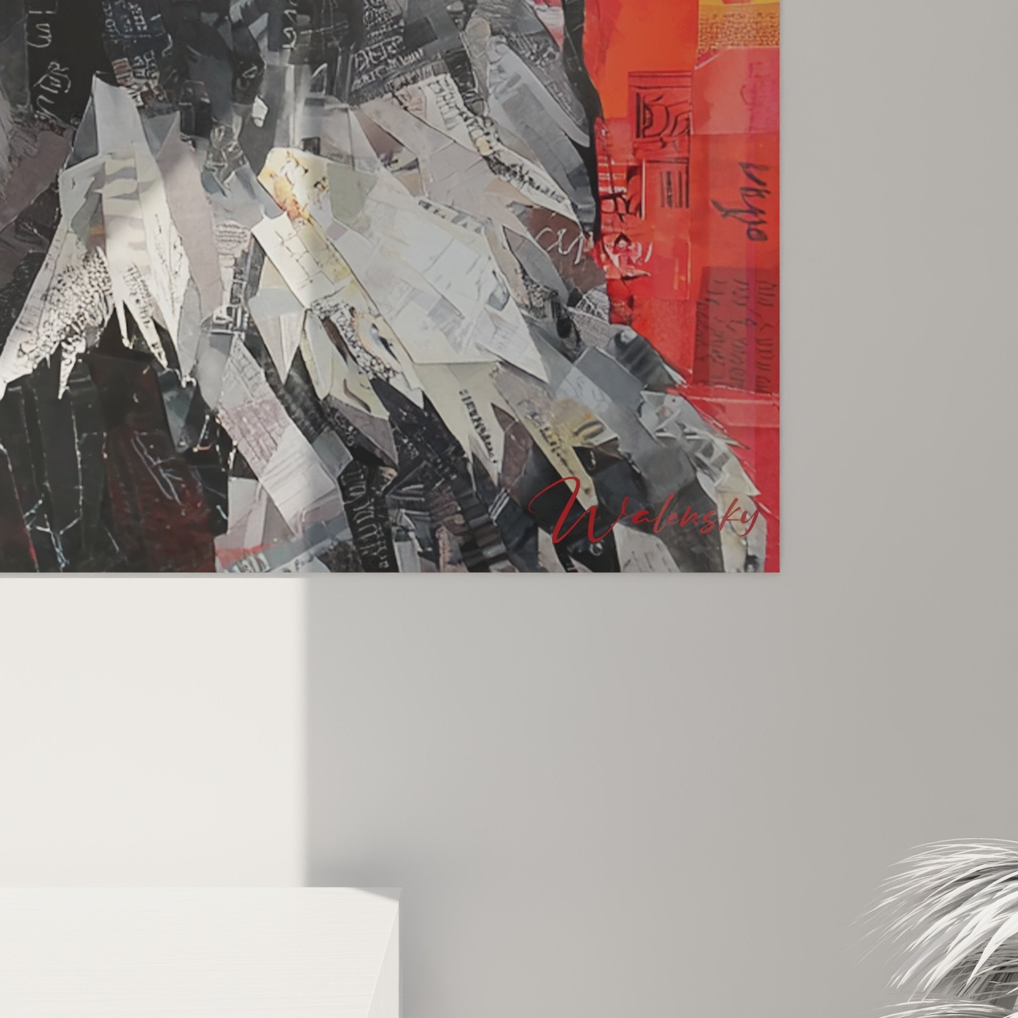Vue d'ensemble tableau mural Schnauzer collage fond rouge orange, art contemporain portrait chien moderne