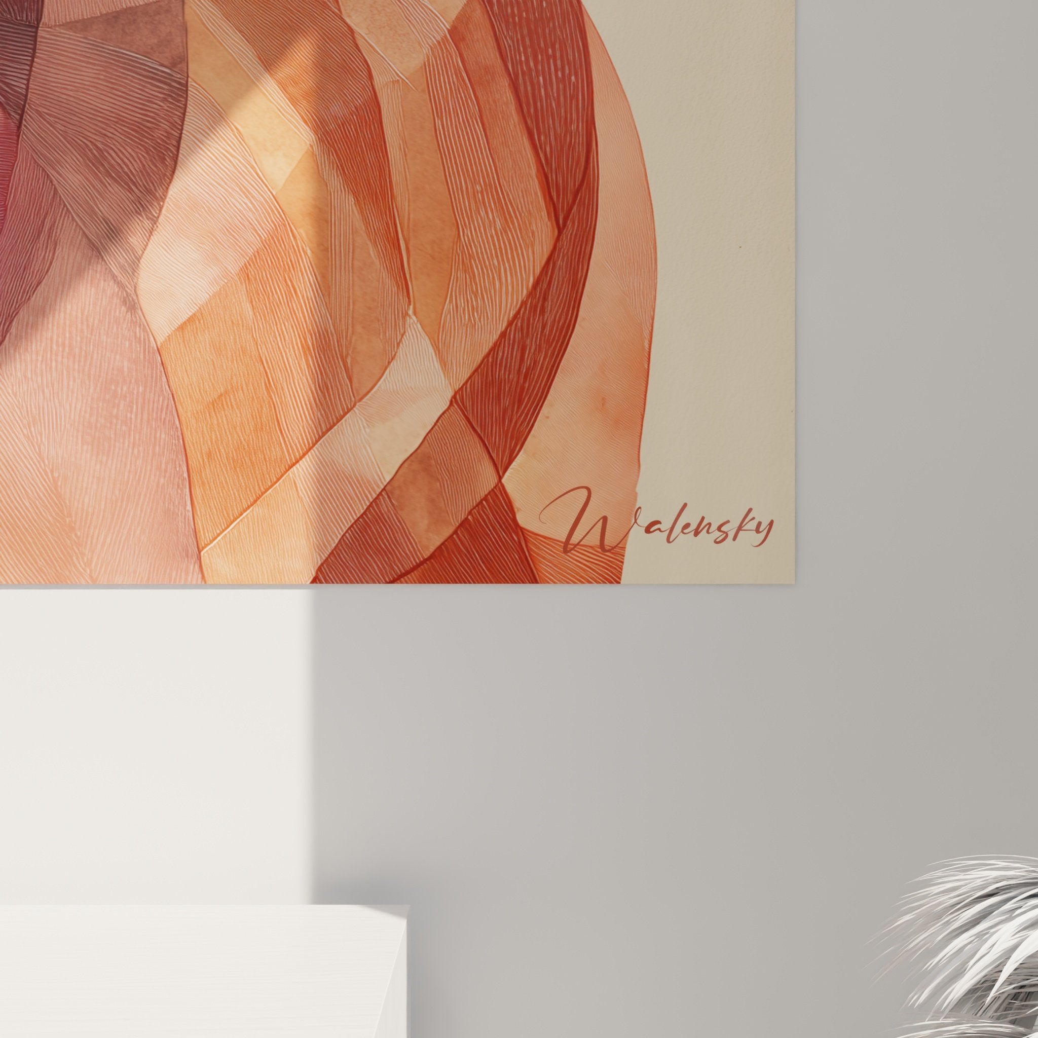Overview portrait painting Irish setter geometric in contemporary interior with warm tones