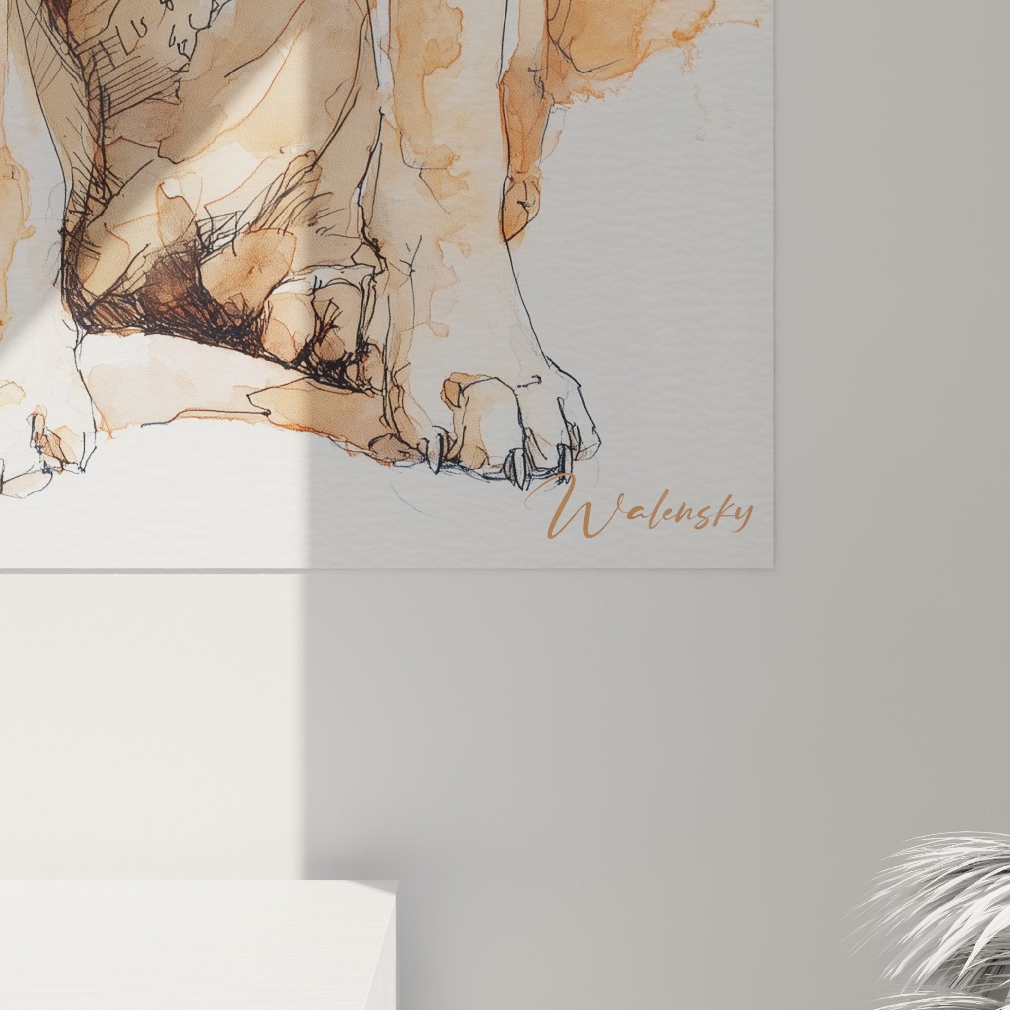 Overview watercolor painting Contemplative Shiba Inu warm orange ochre tones