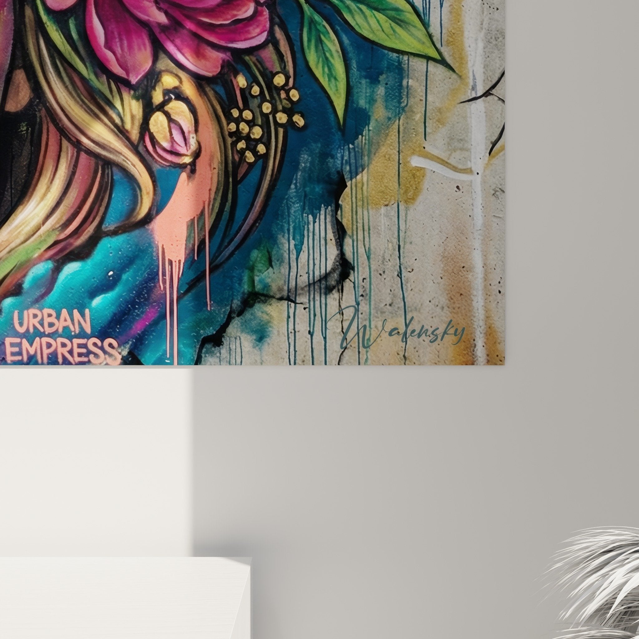 Gesamtansicht Hochformat urbane Blumenmotiv Wohnzimmer zeitgenössische Wandkunst Dekoration