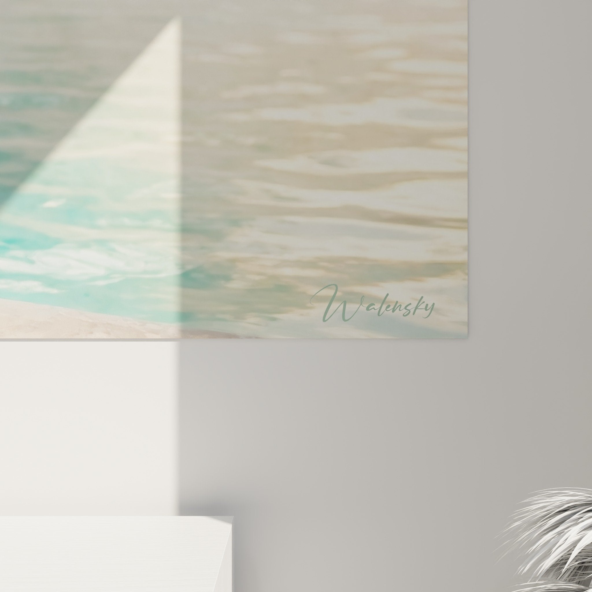 Vue d'ensemble tableau Puli détente piscine - œuvre art animalier tons turquoise et dorés