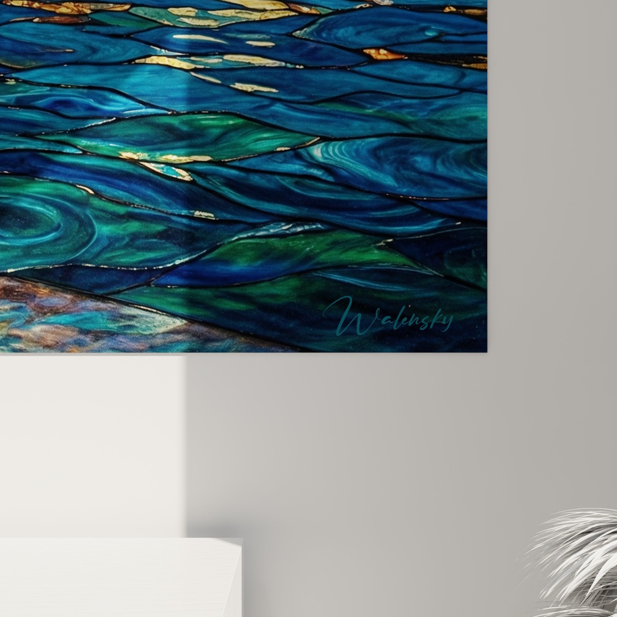 Vue d'ensemble du tableau Puli contemplant les lumières du pont avec reflets cuivrés dans un intérieur raffiné