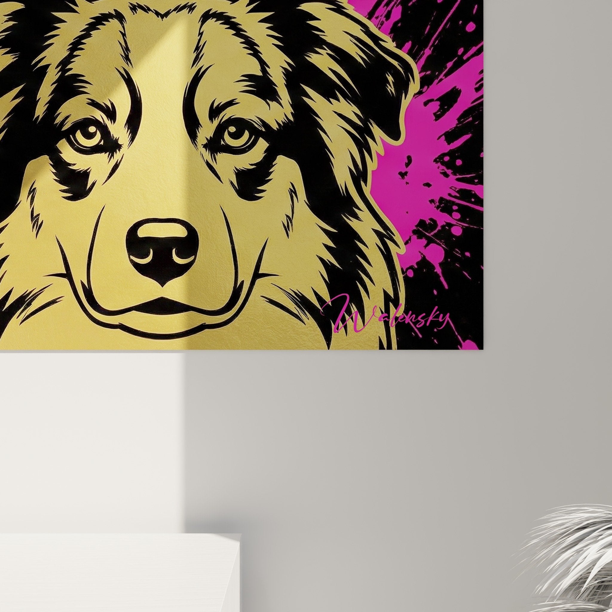 Full view miniature American Shepherd pop art quadriptych bright colors modern wall decor