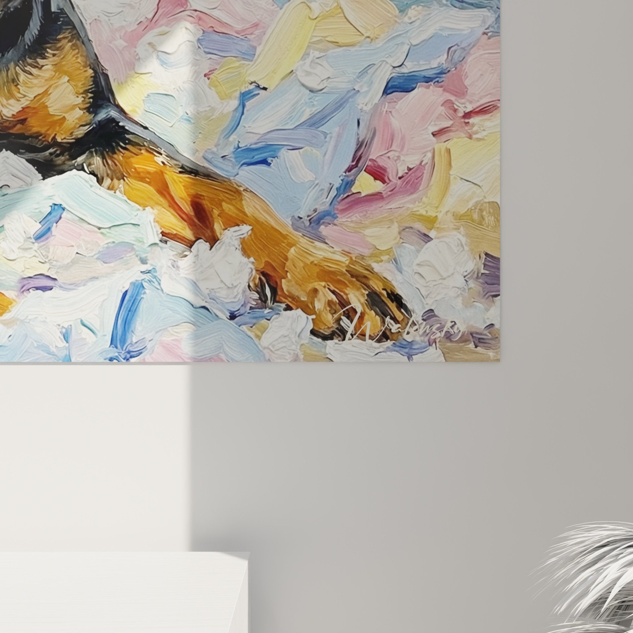 Vista d'insieme quadro rottweiler caos creativo colori pastello decorazione interna moderna