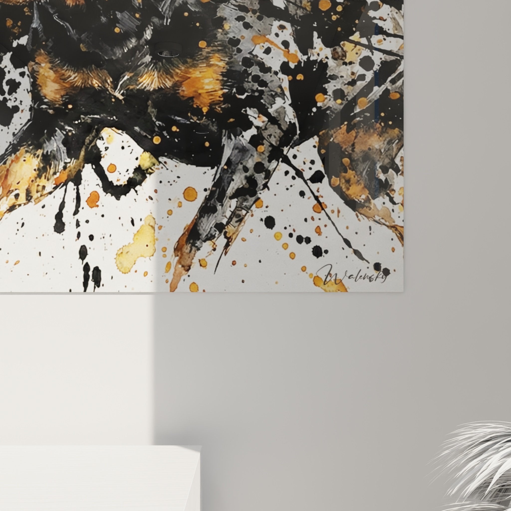 Overview Rottweiler mixed media painting black orange splashes contemporary wall art