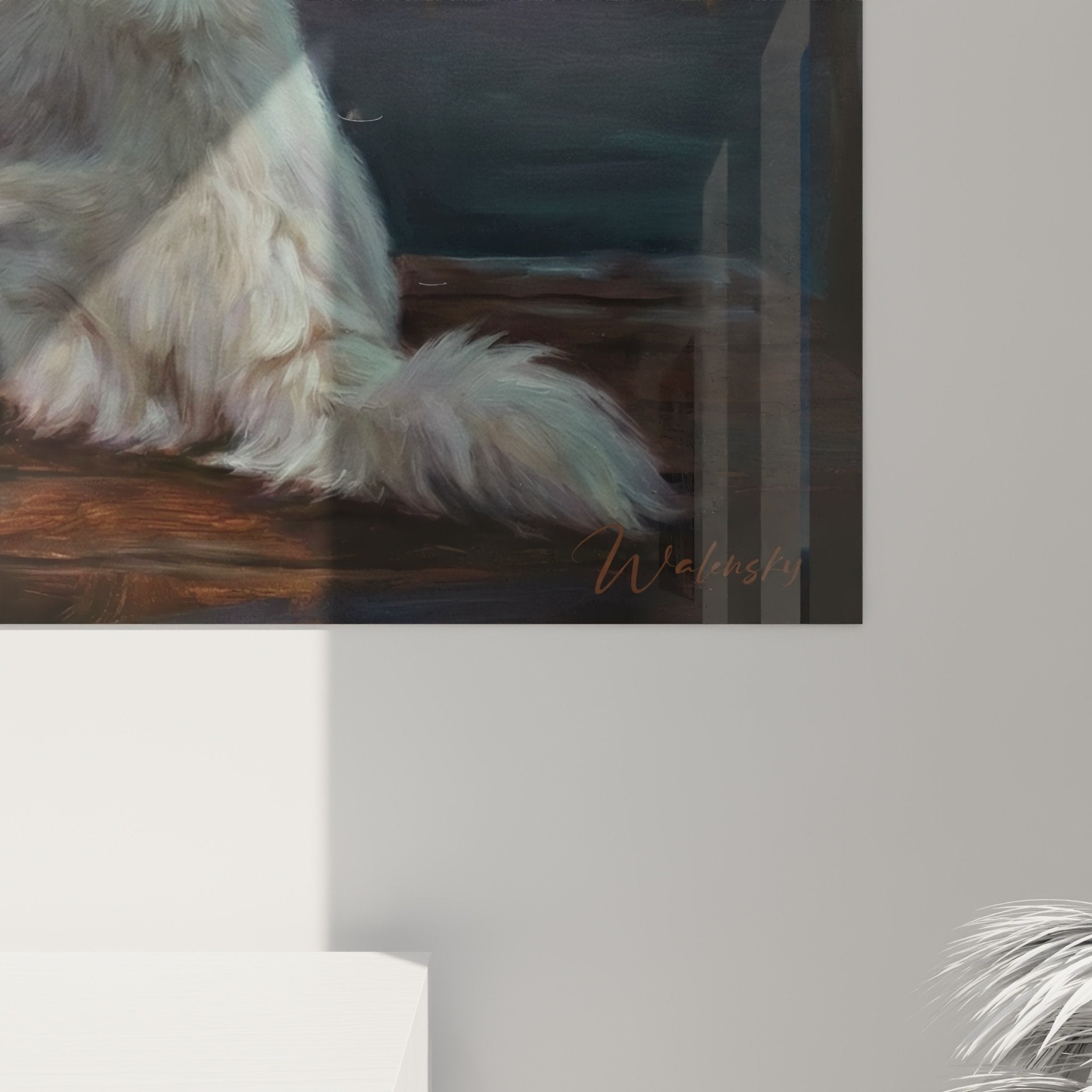 Vue d'ensemble œuvre Samoyède ponton lac, composition artistique coucher soleil tons chauds et froids