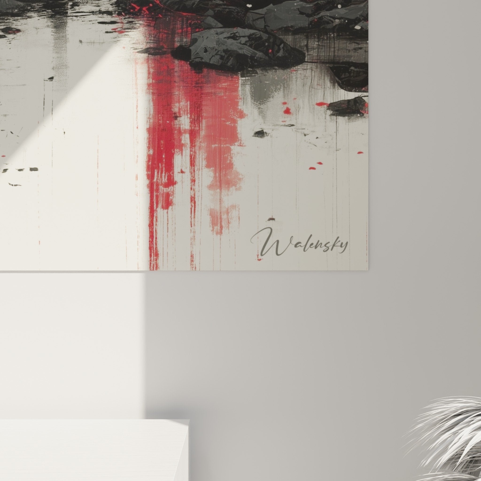 Overview of red Japanese sanctuary wall art, artistic composition featuring traditional gateway and landscape