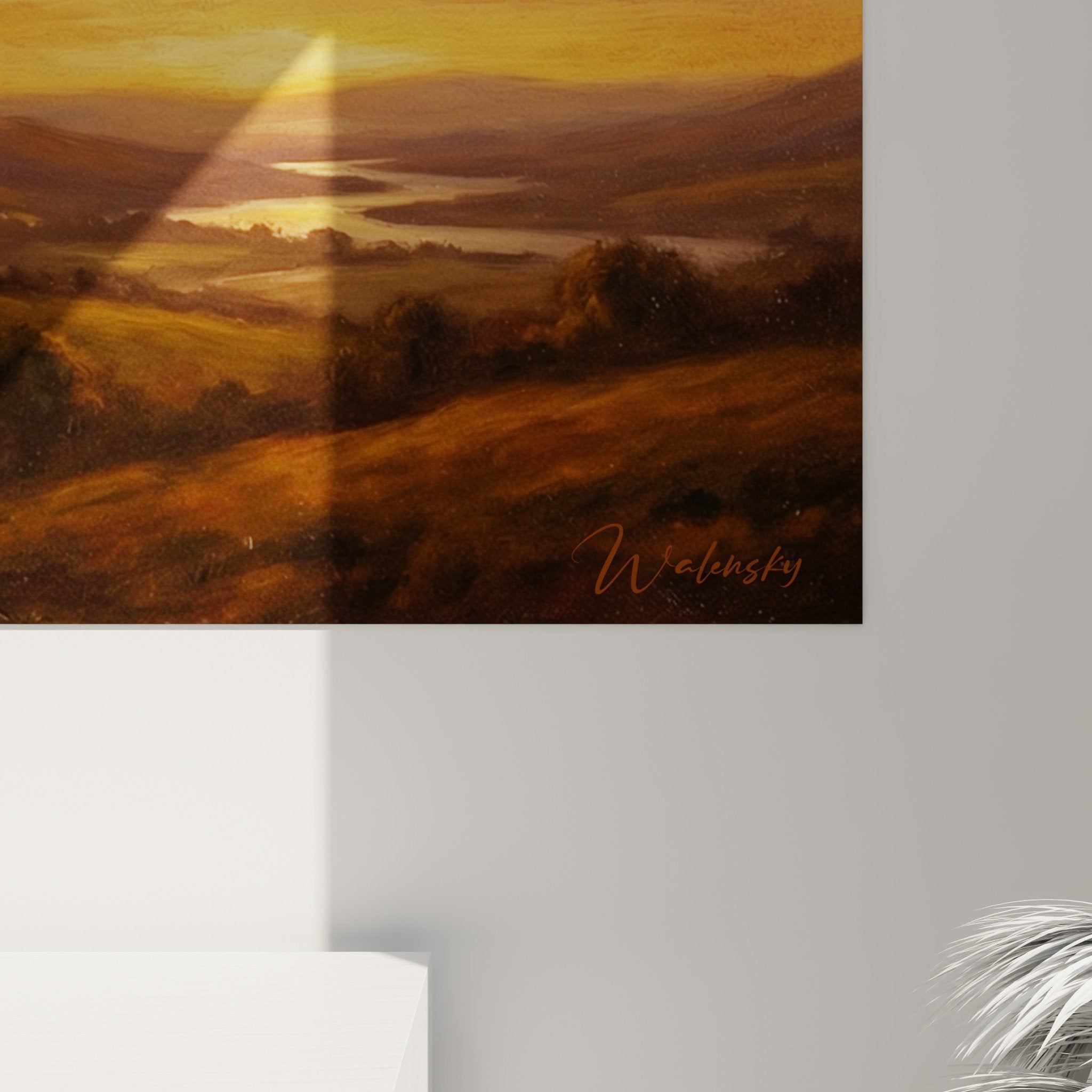 Übersicht Schipperke-Gemälde majestätische Dämmerungslandschaft in Orange- und Goldtönen dekorative Wandkunst