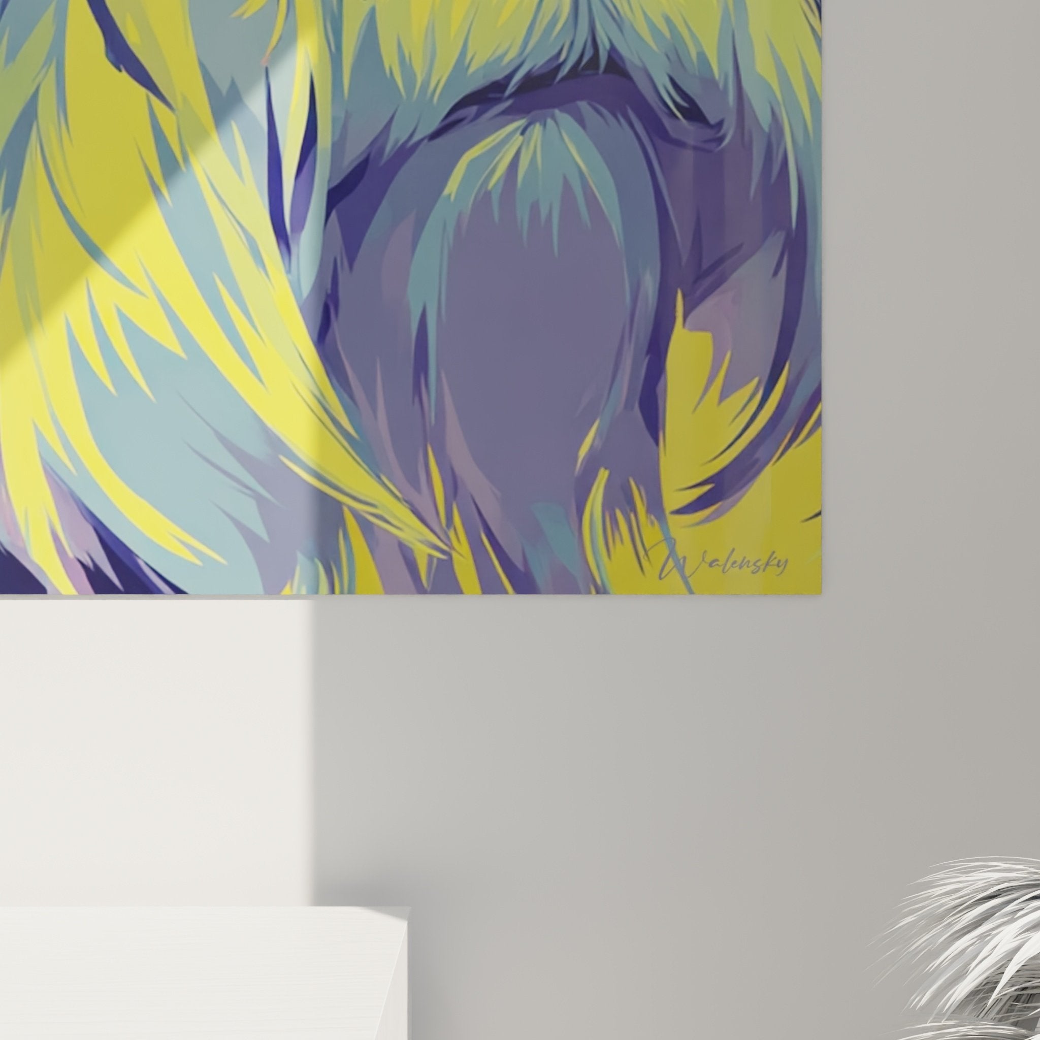Vue d'ensemble tableau schnauzer contemporain, couleurs vives bleu jaune, art mural décoratif