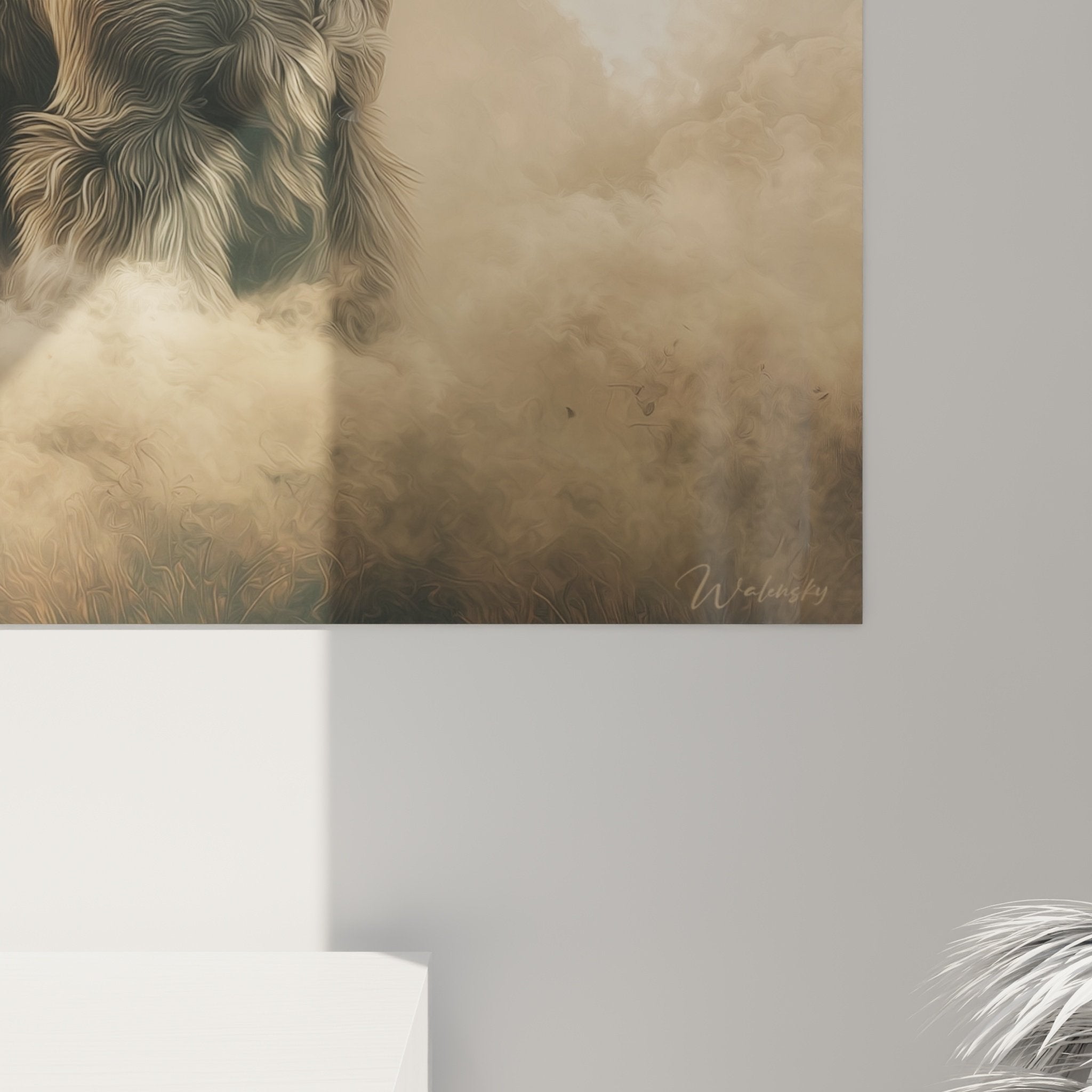 Vue ensemble tableau schnauzer céleste dans intérieur contemporain aux murs clairs