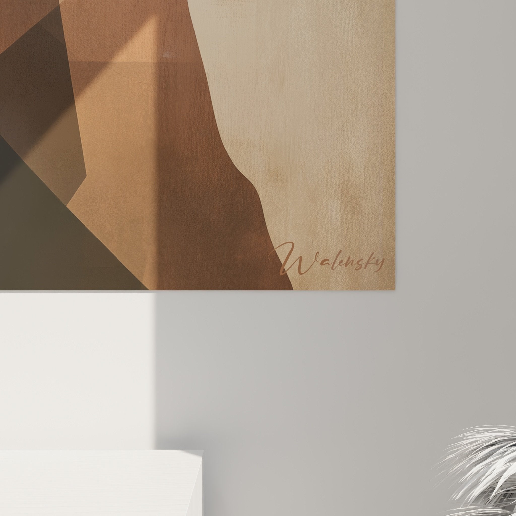 Vue d'ensemble du tableau Schnauzer géométrique présenté dans intérieur contemporain aux tons neutres chaleureux