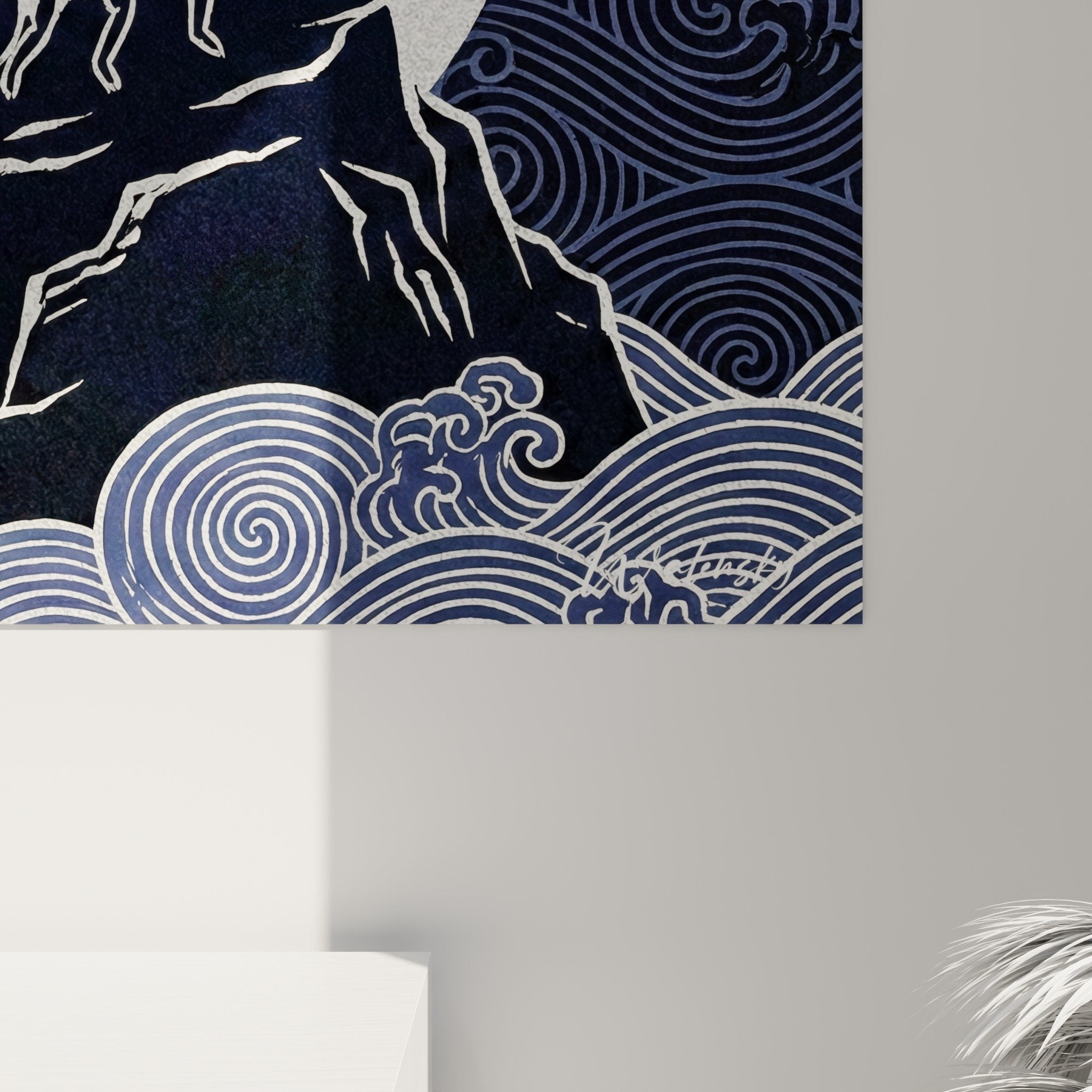 Mystical scorpion painting overview swirling clouds midnight blue wall art decoration