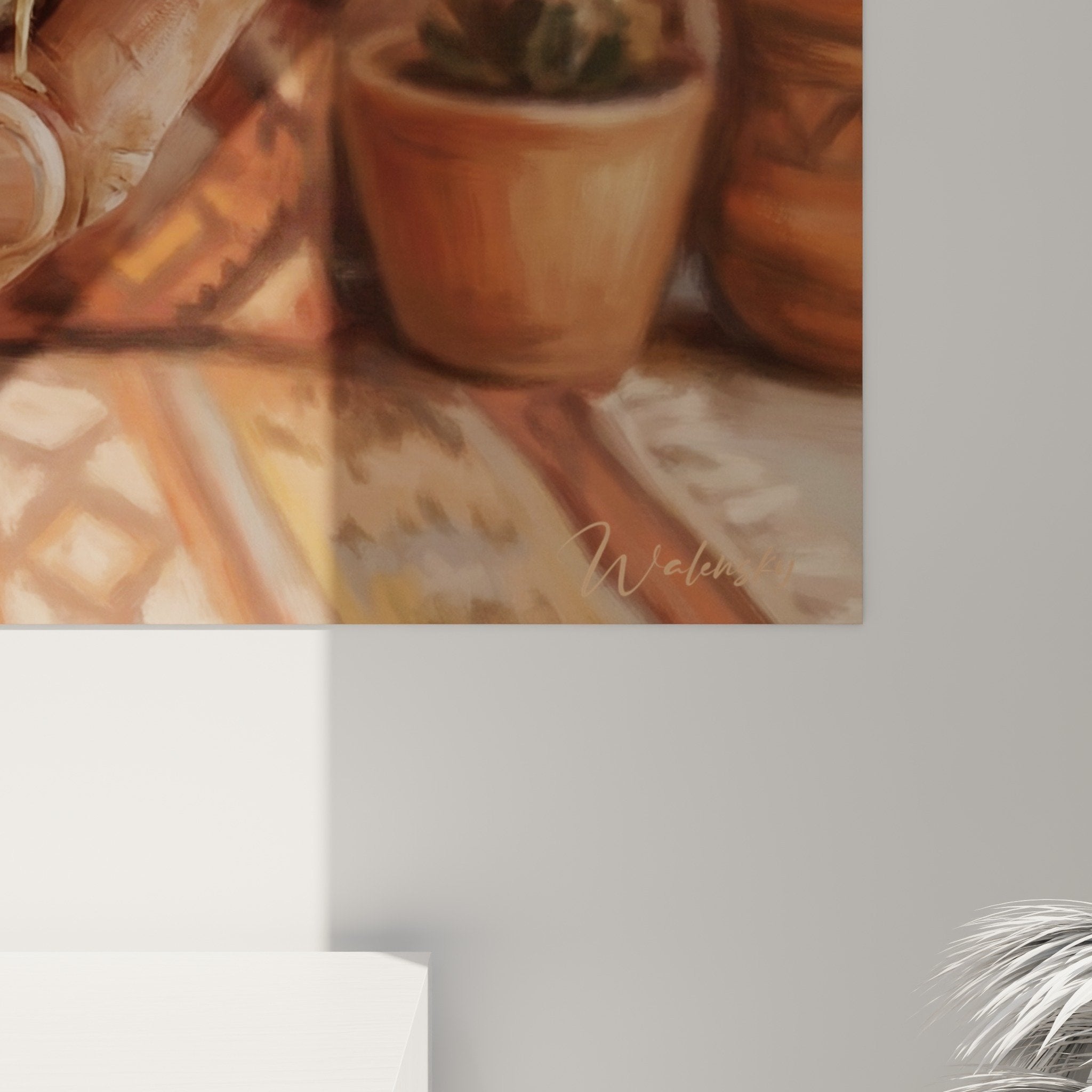 Ensemble tableau main scorpion mystique plantes succulentes poteries atmosphere desert