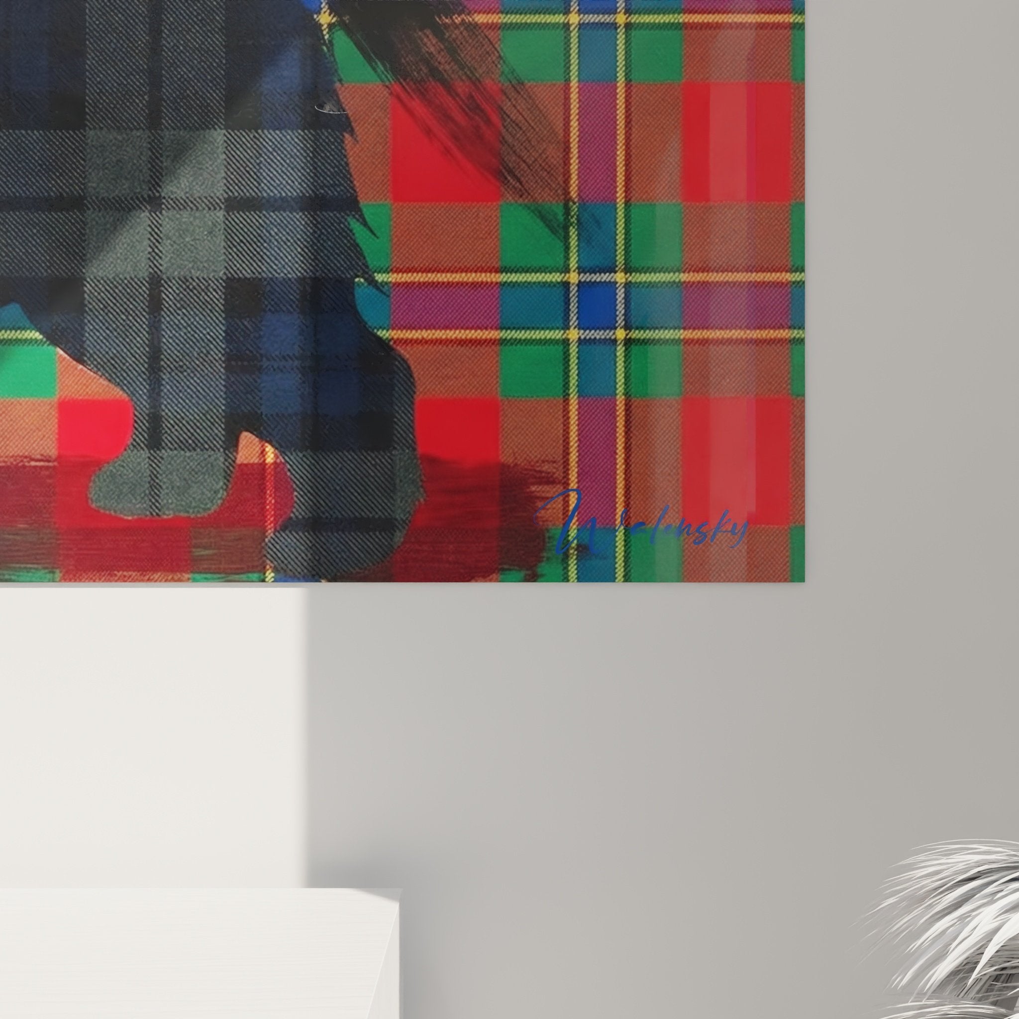 Vue d'ensemble tableau Scottish Terrier stylisé collage numérique tartan écossais décoration murale moderne