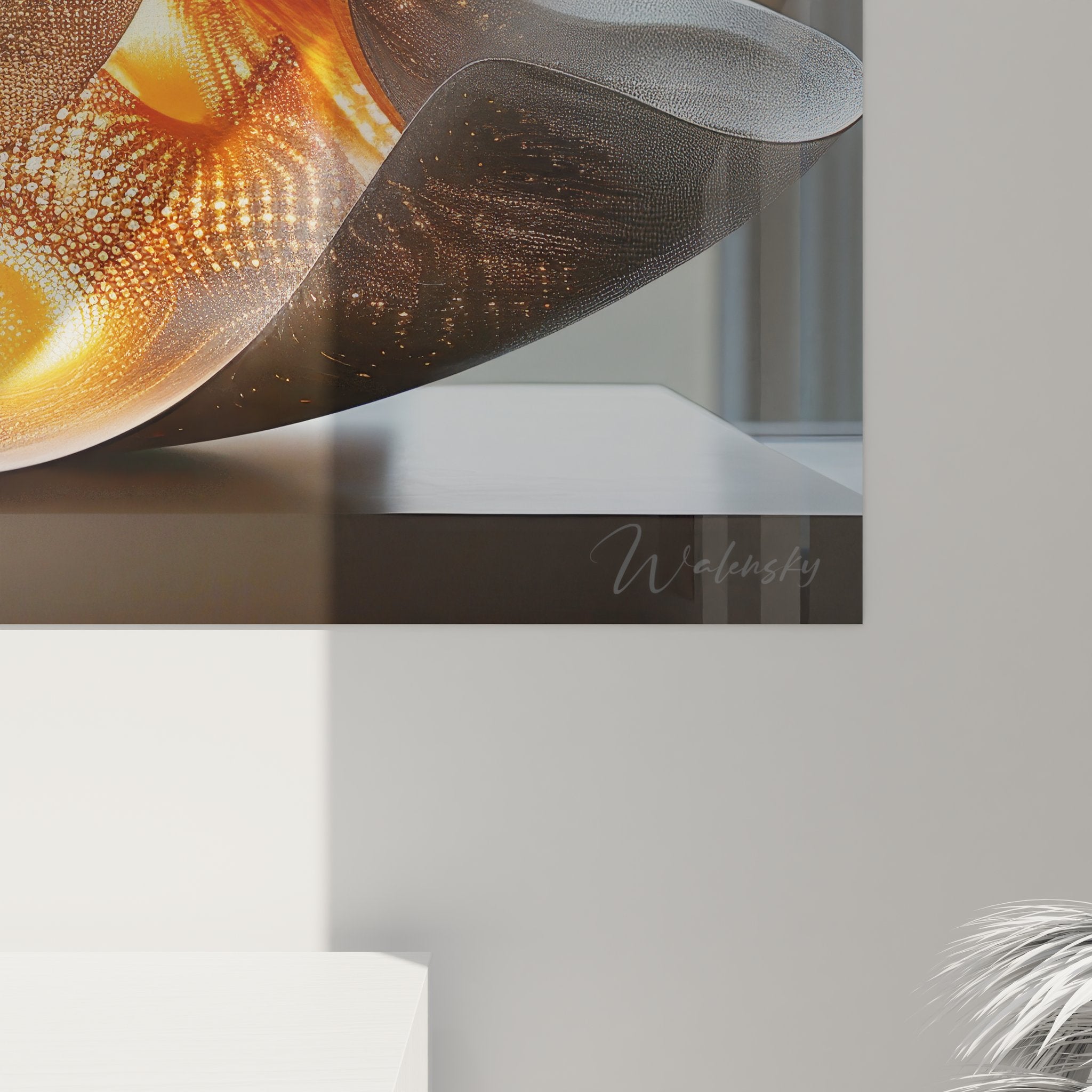 Vue ensemble sculpture architecturale moderne dans espace vitré avec éclairage naturel urbain