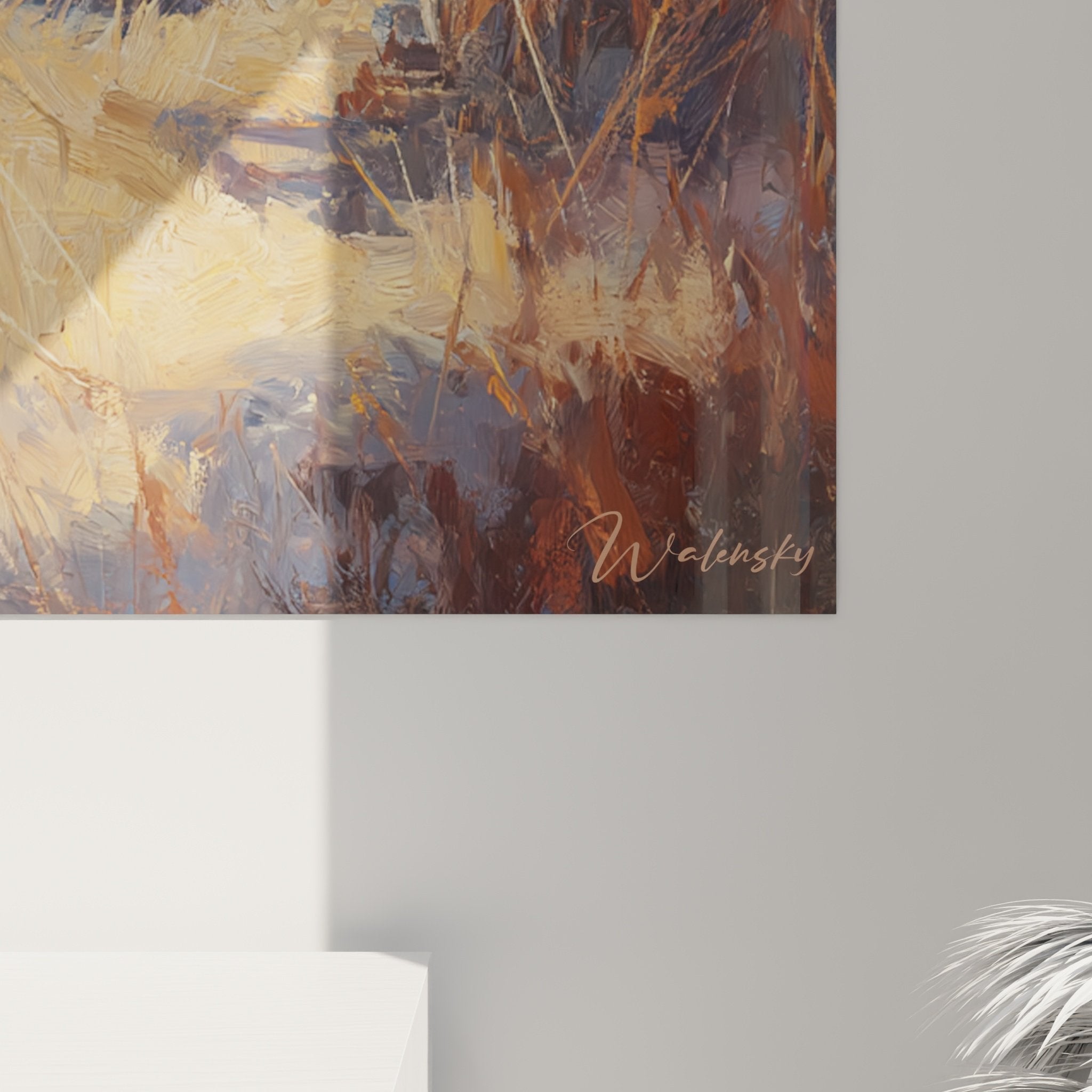 Full view Shiba Inu meadow mountains painting warm golden blue tones natural wall decoration