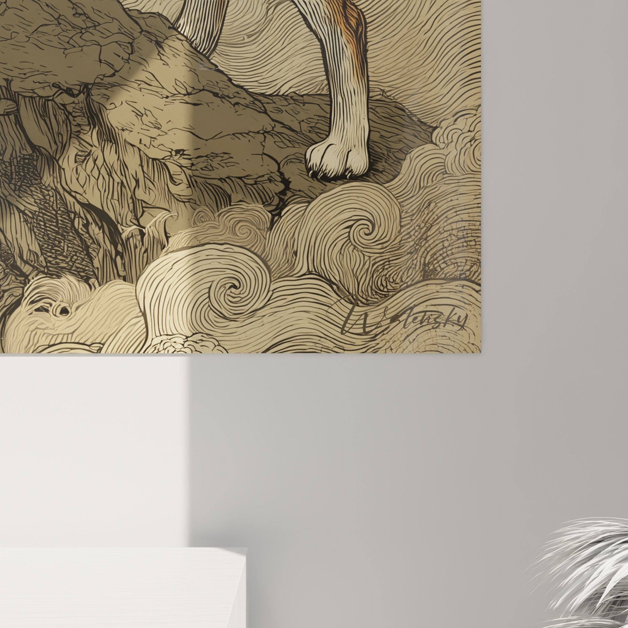 Vue d'ensemble œuvre Shiba Inu contemplant horizon soleil rouge nuages stylisés