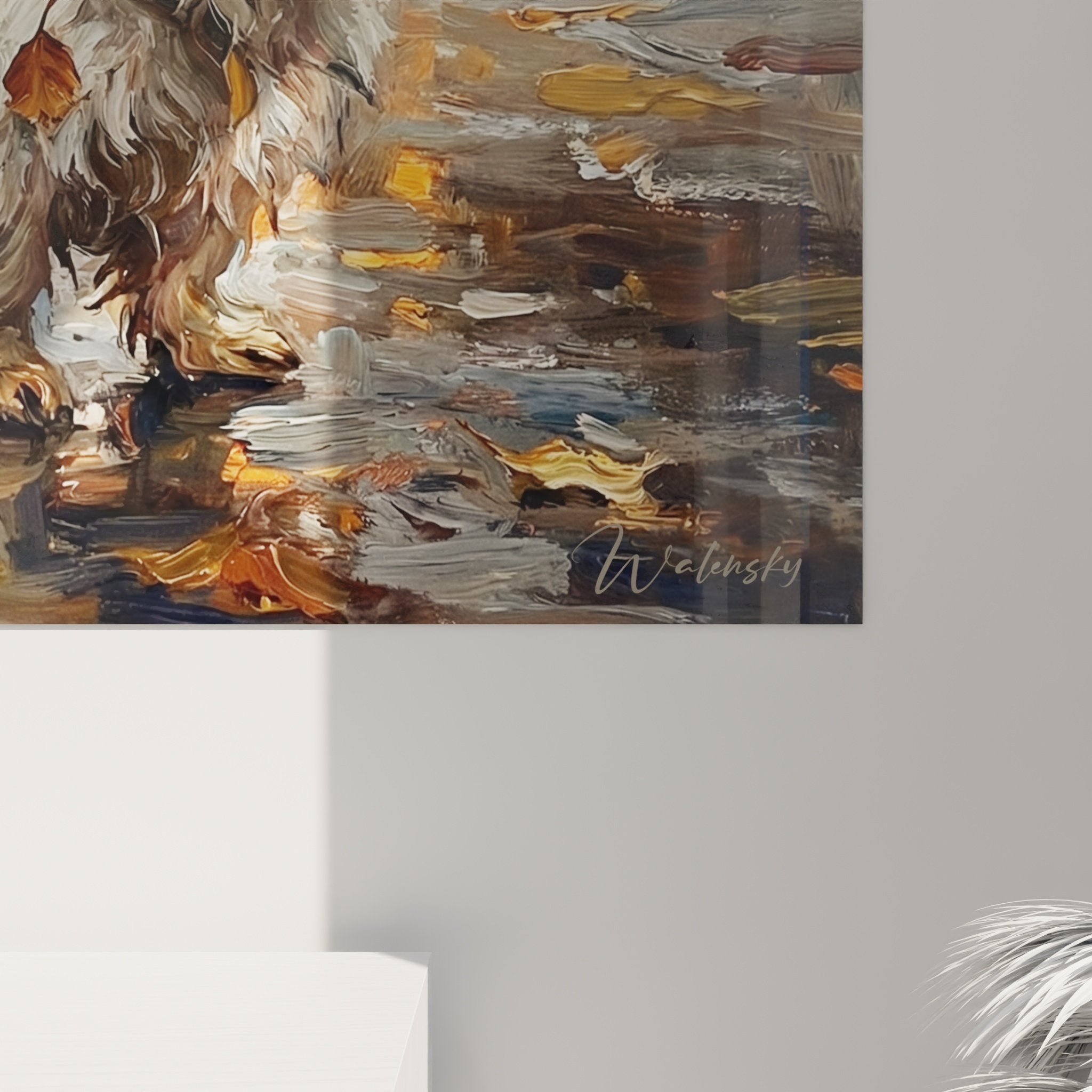 Overview canvas Shih Tzu rainy urban scene warm lighting golden street lamps