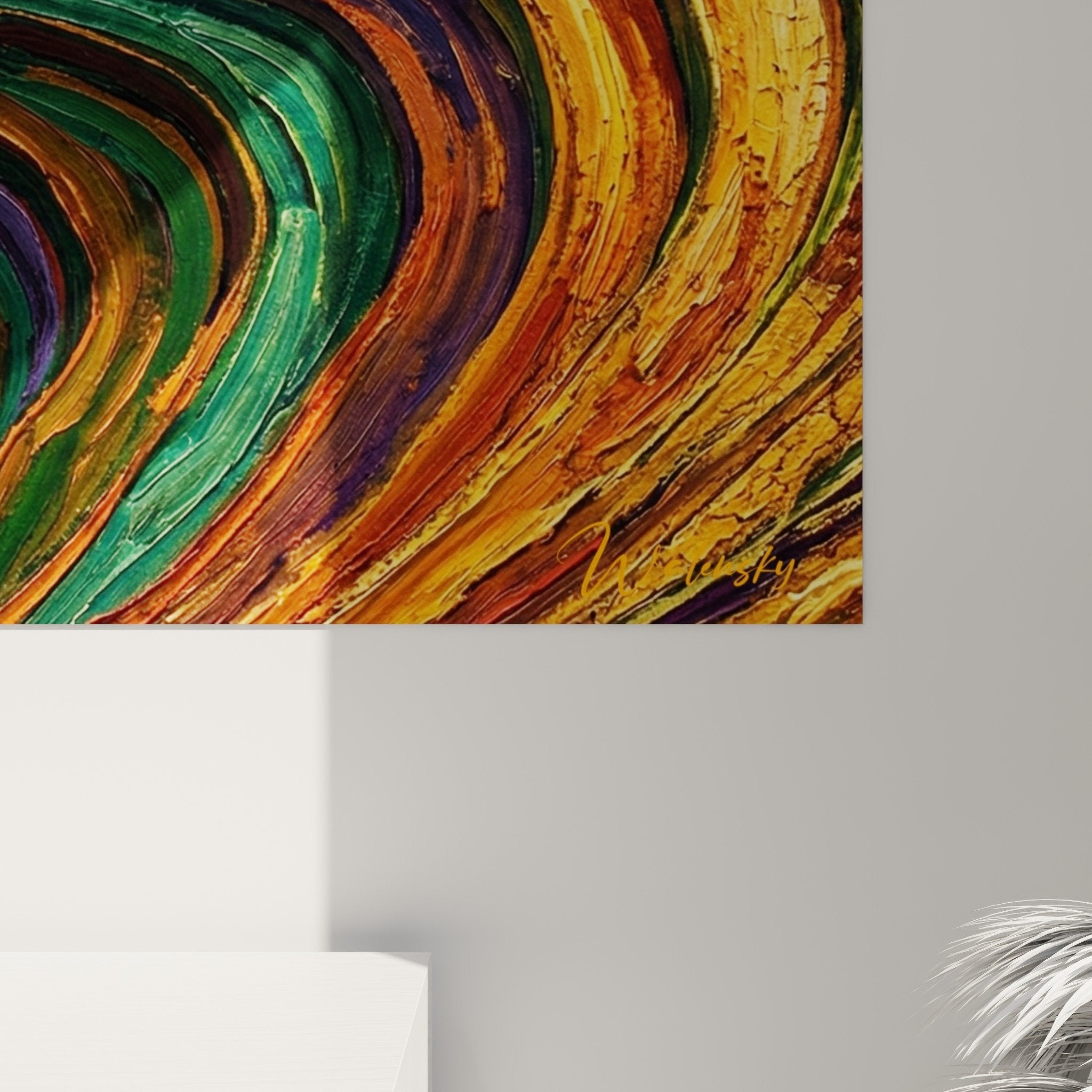 Gesamtansicht Gemälde farbige Spiralen modernes Wohnzimmer Wanddekoration zeitgenössische Kunst Reisfelder