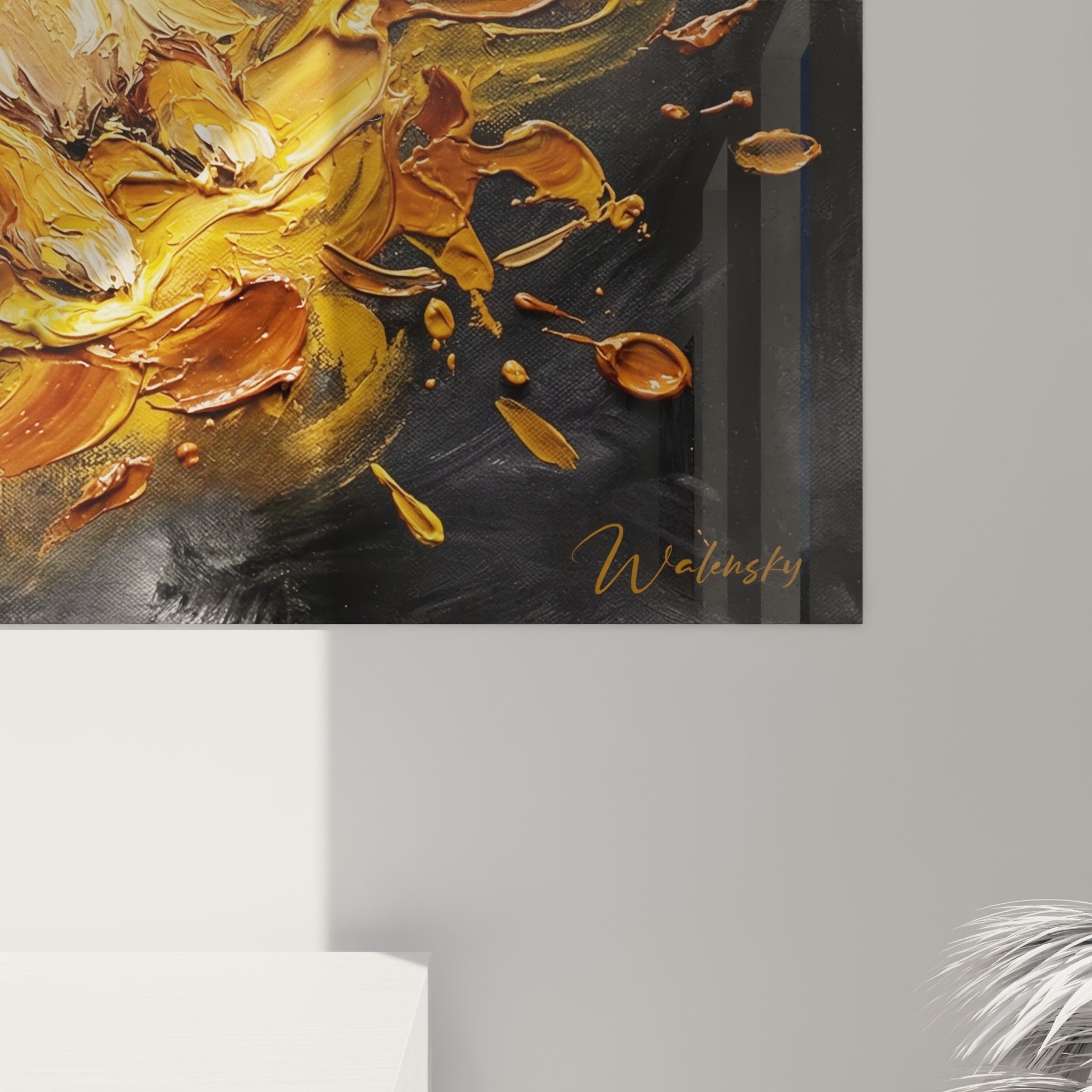 Vue d'ensemble tableau Spitz Poméranien dans explosion picturale tons cuivre et or