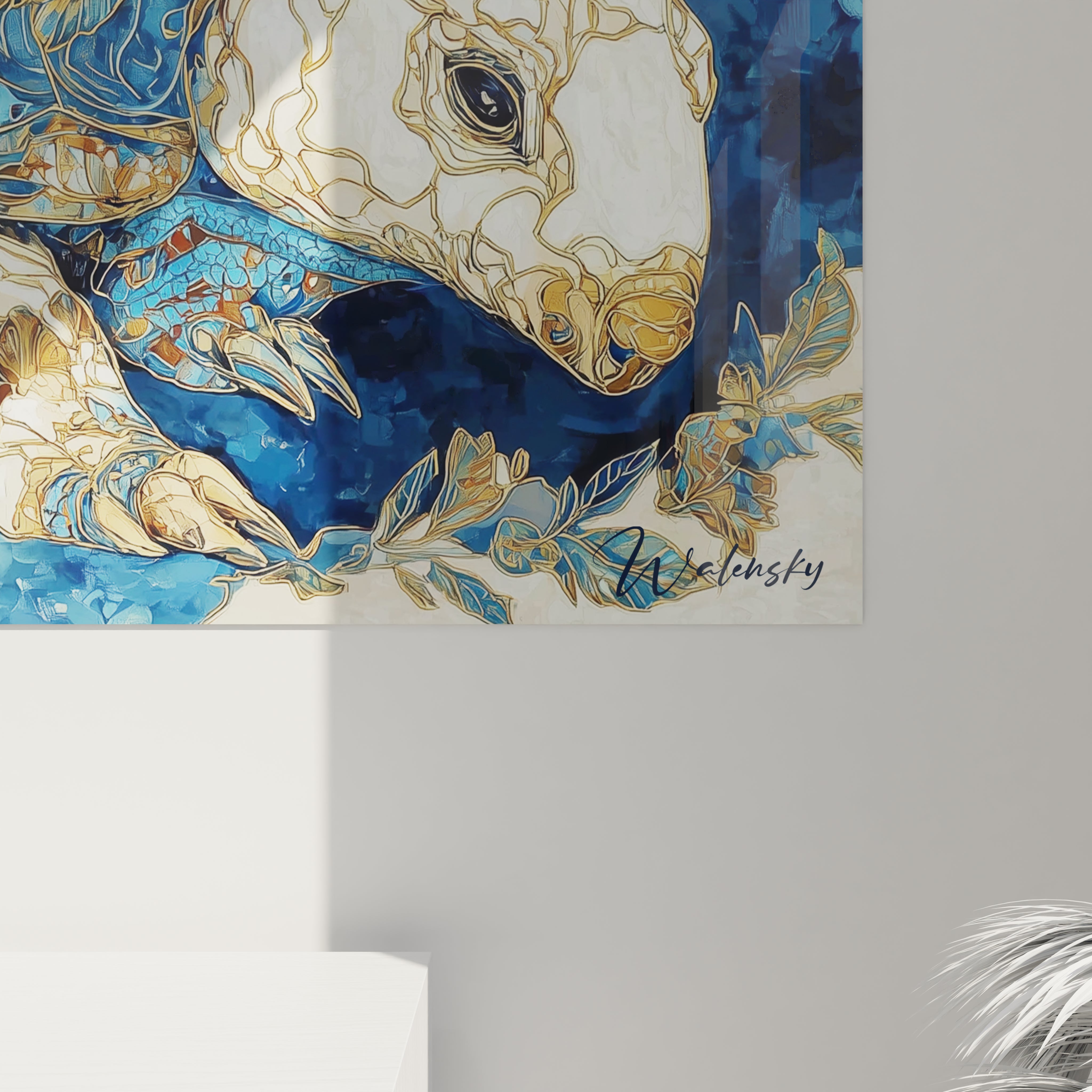 Vue ensemble tableau Glyptodon océan fleurs dorées décoration murale complète