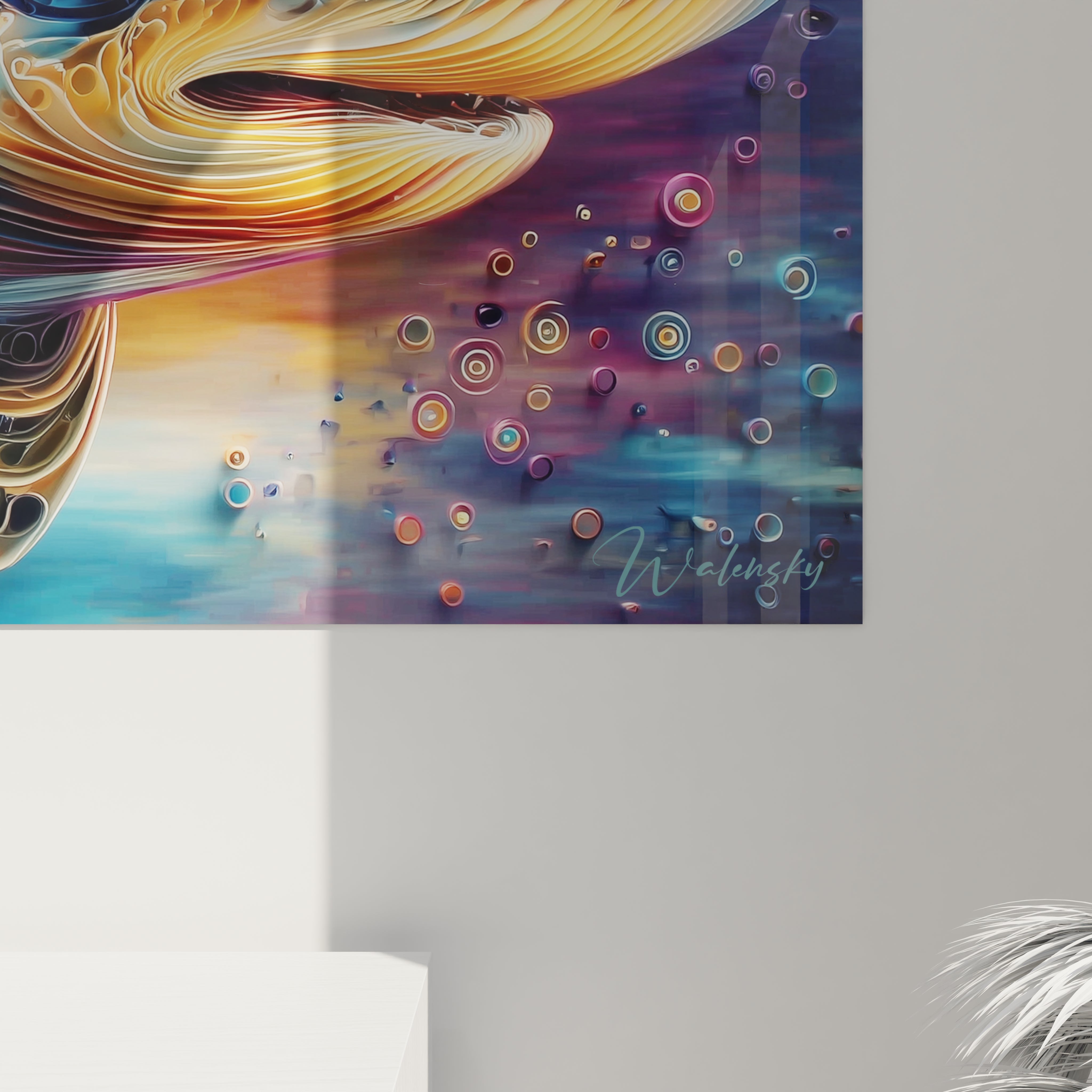 Vue ensemble tableau mural Mégalodon art moderne, œuvre décorative océan couleurs vibrantes