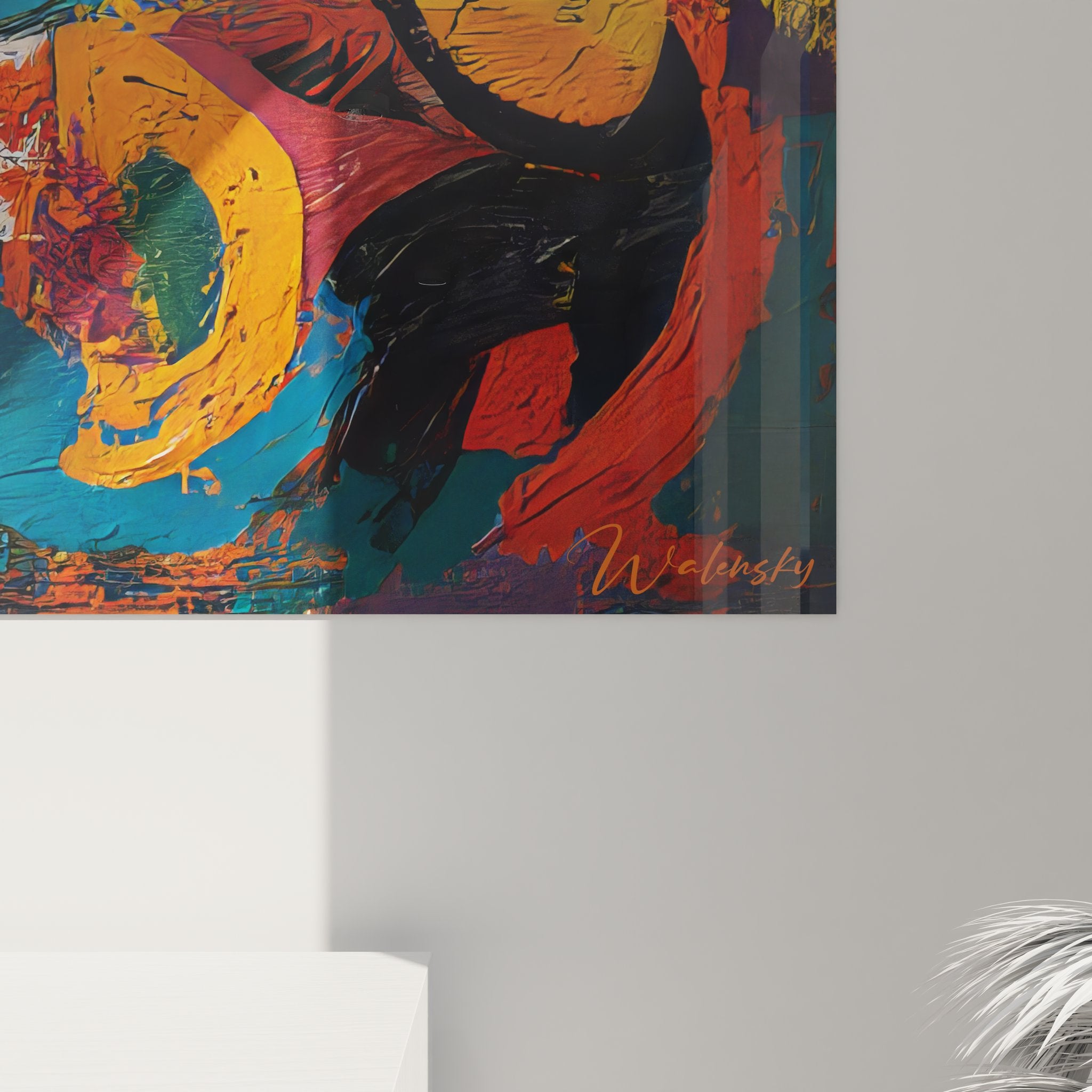 Vue ensemble tableau abstrait coloré - art mural contemporain composition dynamique multicolore