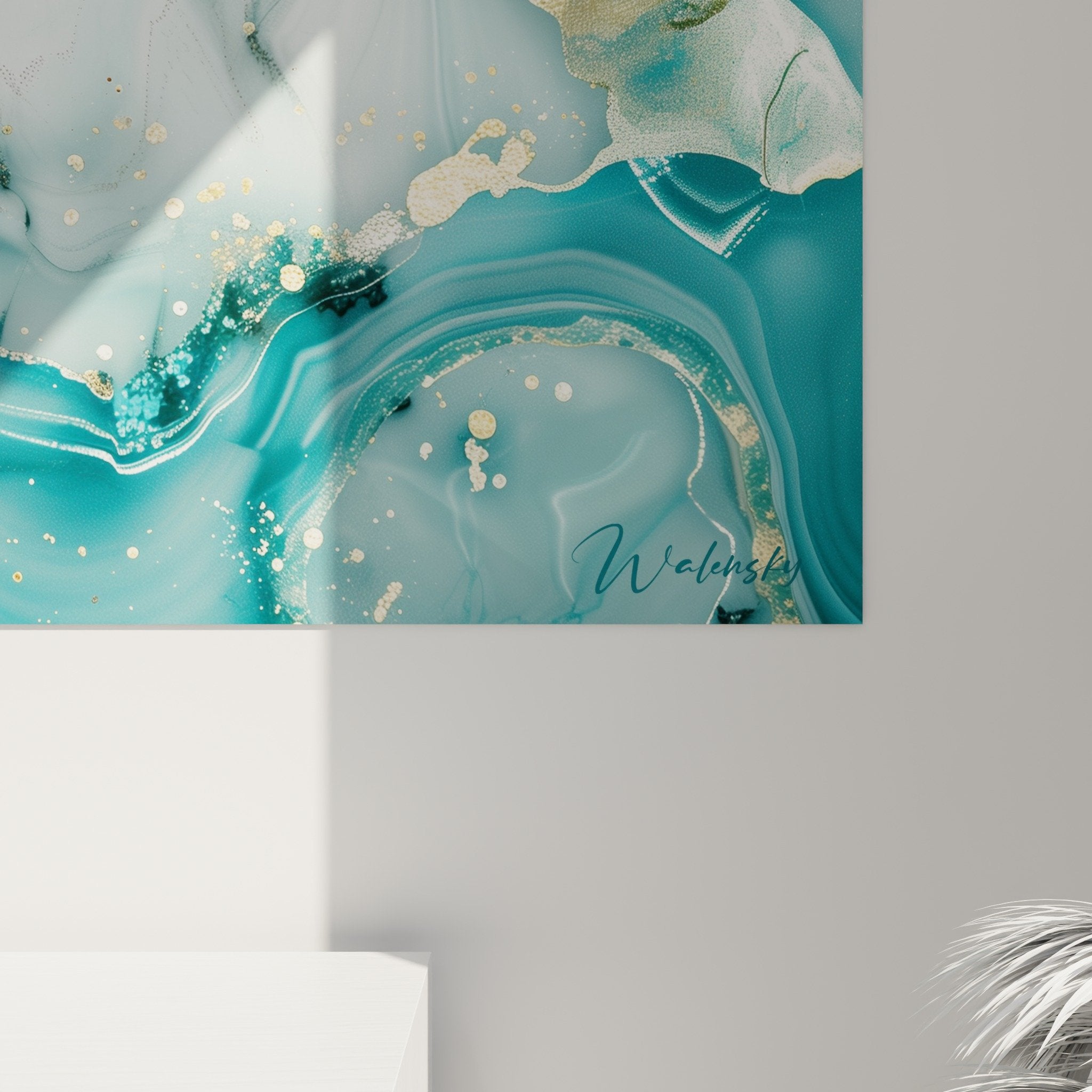 Overview of abstract blue marble wall art in elegant contemporary interior
