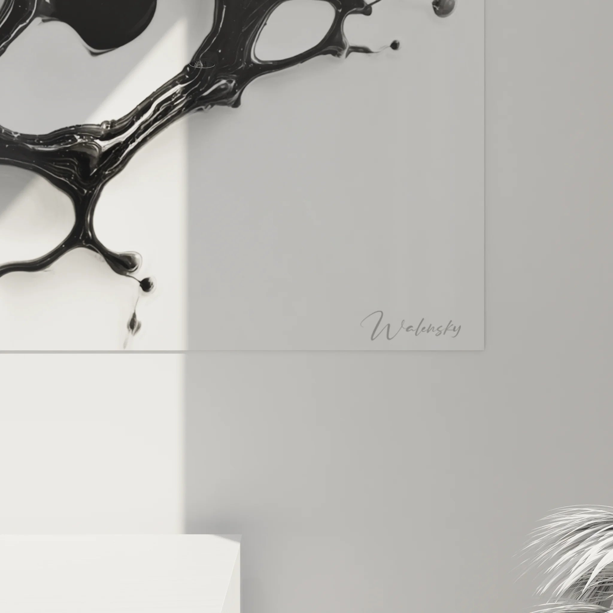 Vue ensemble tableau abstrait bulles organiques - Art mural noir et blanc déco salon