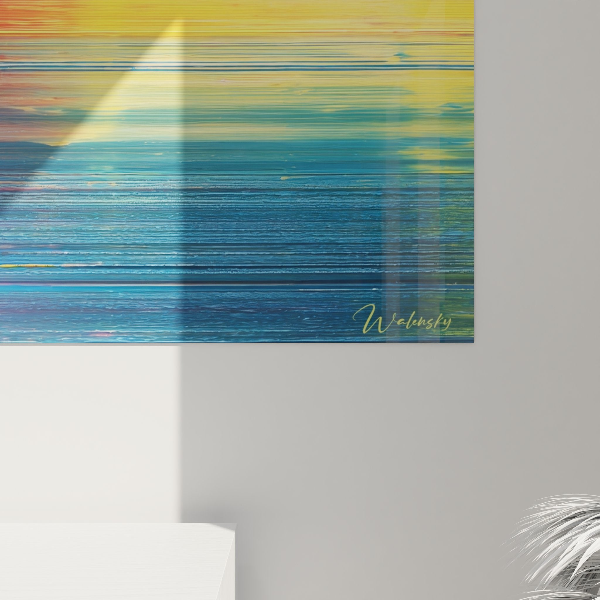 Vue ensemble tableau abstrait coloré horizon vibrant art mural contemporain raclé