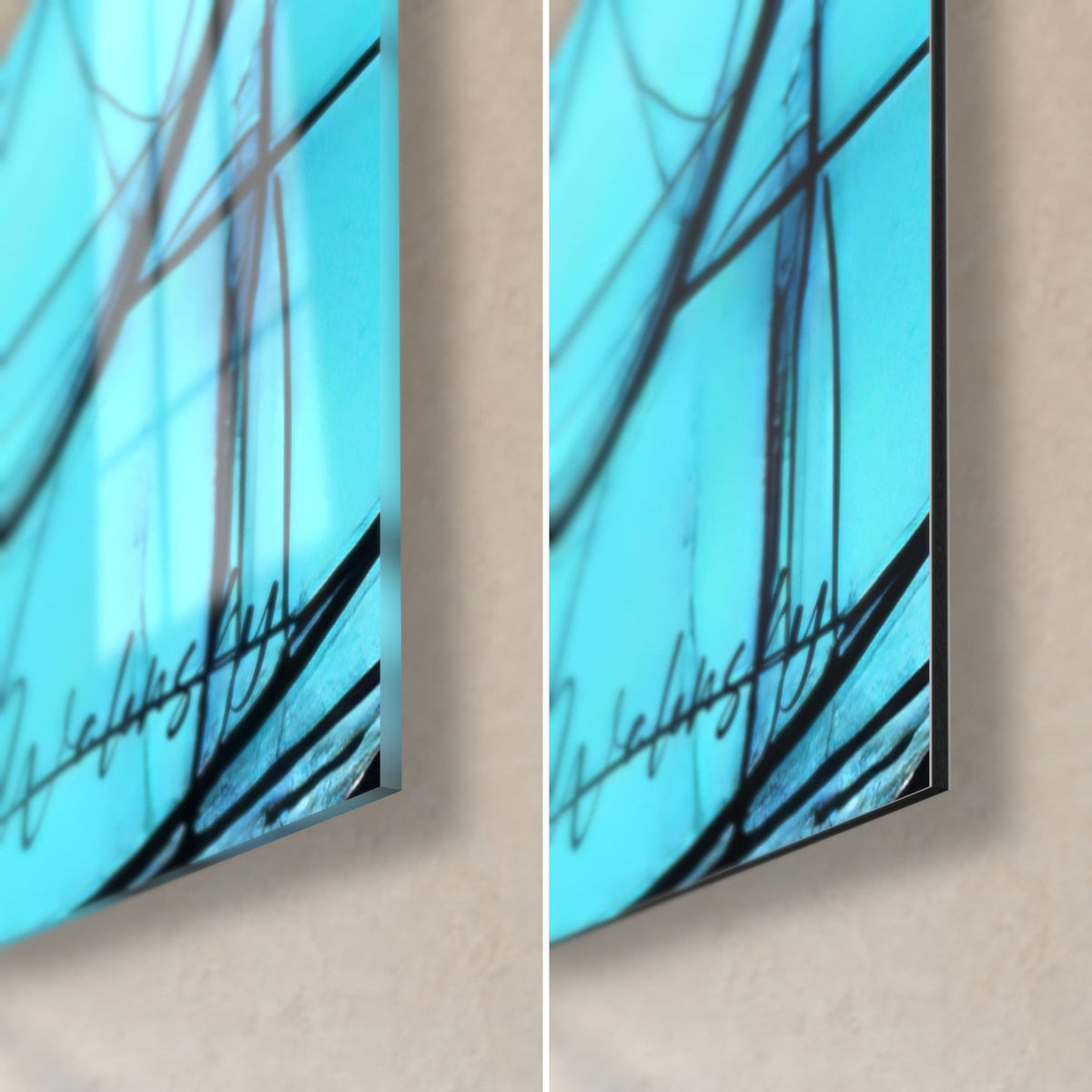 Wall art of black doodles on a turquoise background, glossy acrylic glass in the bottom right corner on the left and matte Dibond on the right