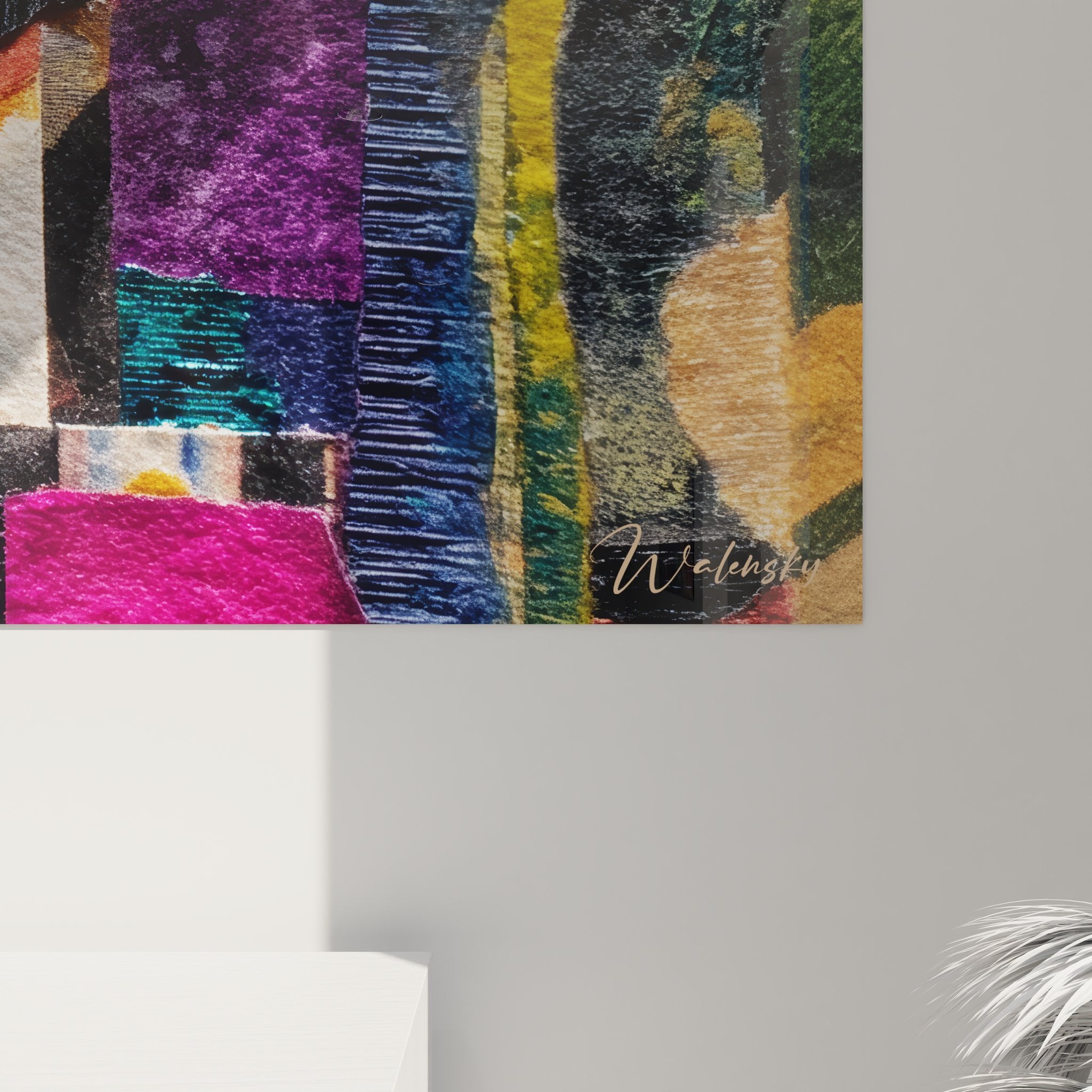 Vue d'ensemble du tableau abstrait multicolore présentant la composition complète des fragments