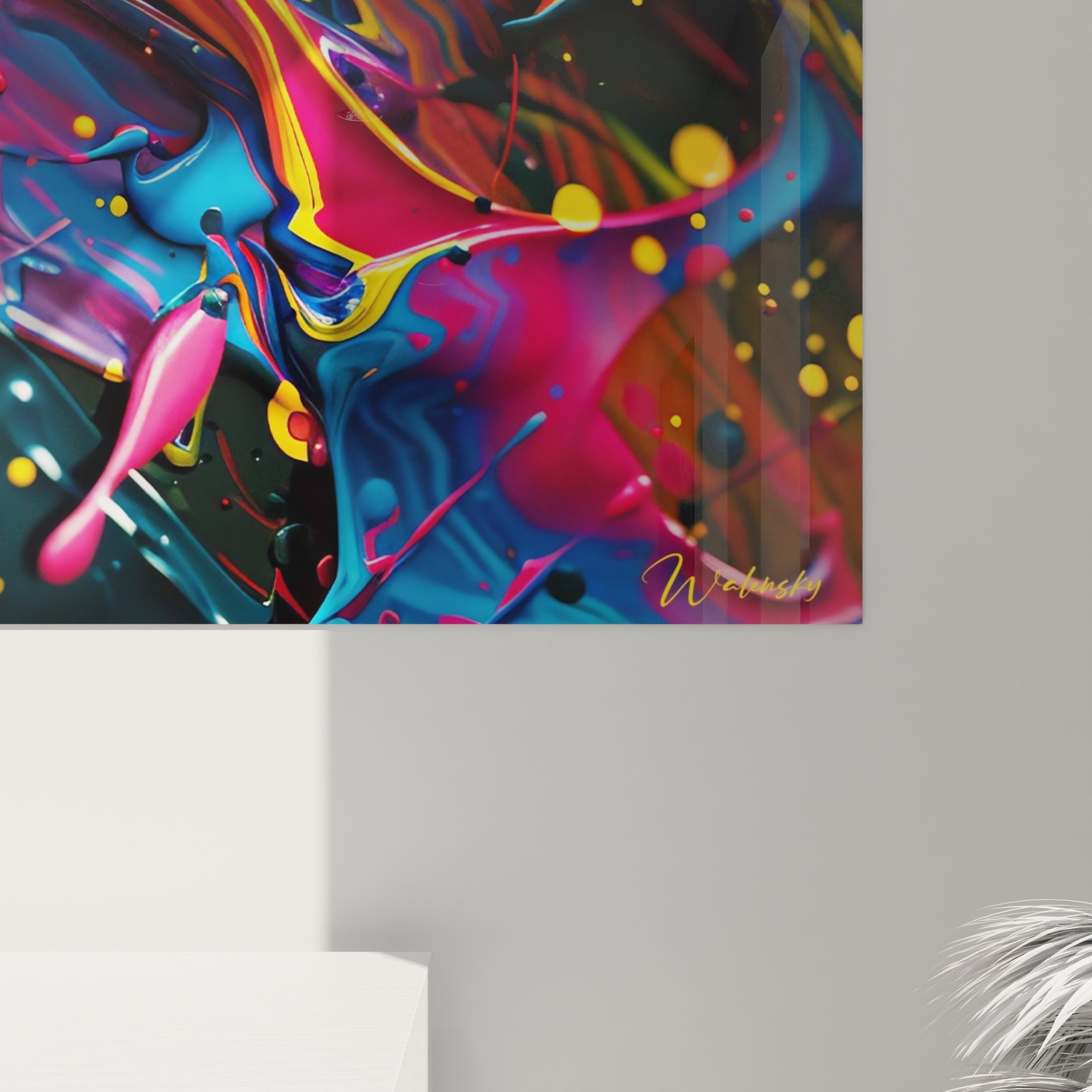 Vue ensemble tableau abstrait explosion couleurs fluides art mural décoratif contemporain intérieur