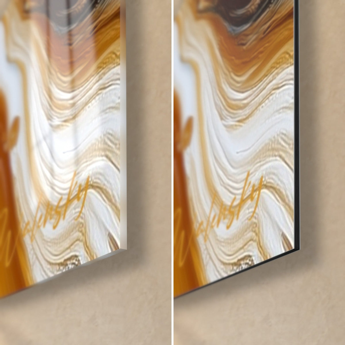 Tableau vagues dorées et brunes, coin bas droit : verre acrylique brillant à gauche, alu Dibond mat à droite, tranche de 3 mm