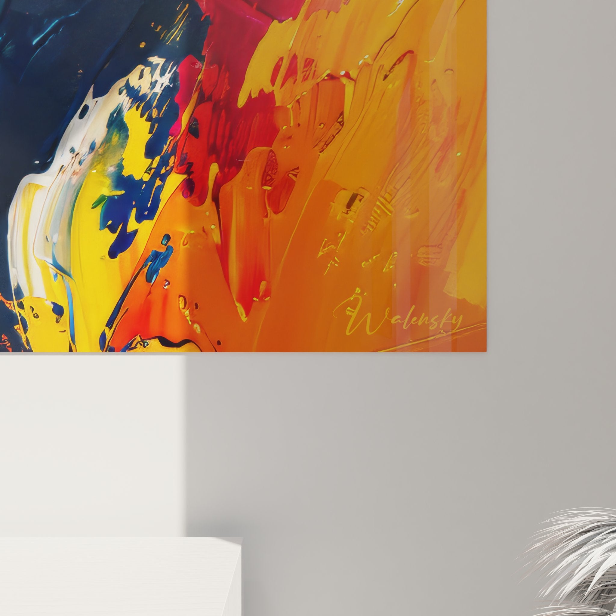 Vue ensemble tableau mural abstrait explosion chromatique décoration contemporaine