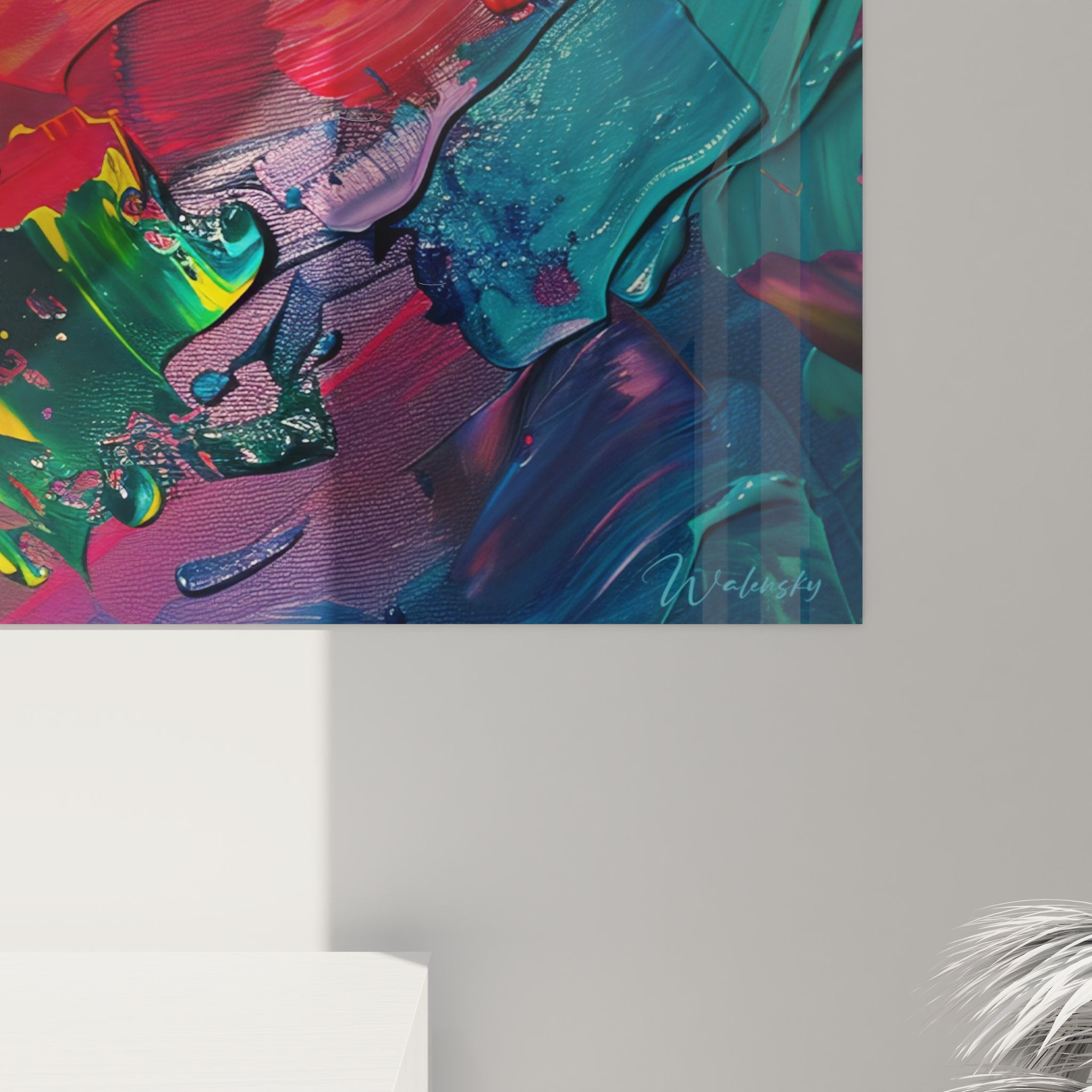 Vue ensemble tableau explosion couleurs abstraites dans intérieur design avec éclairage optimal