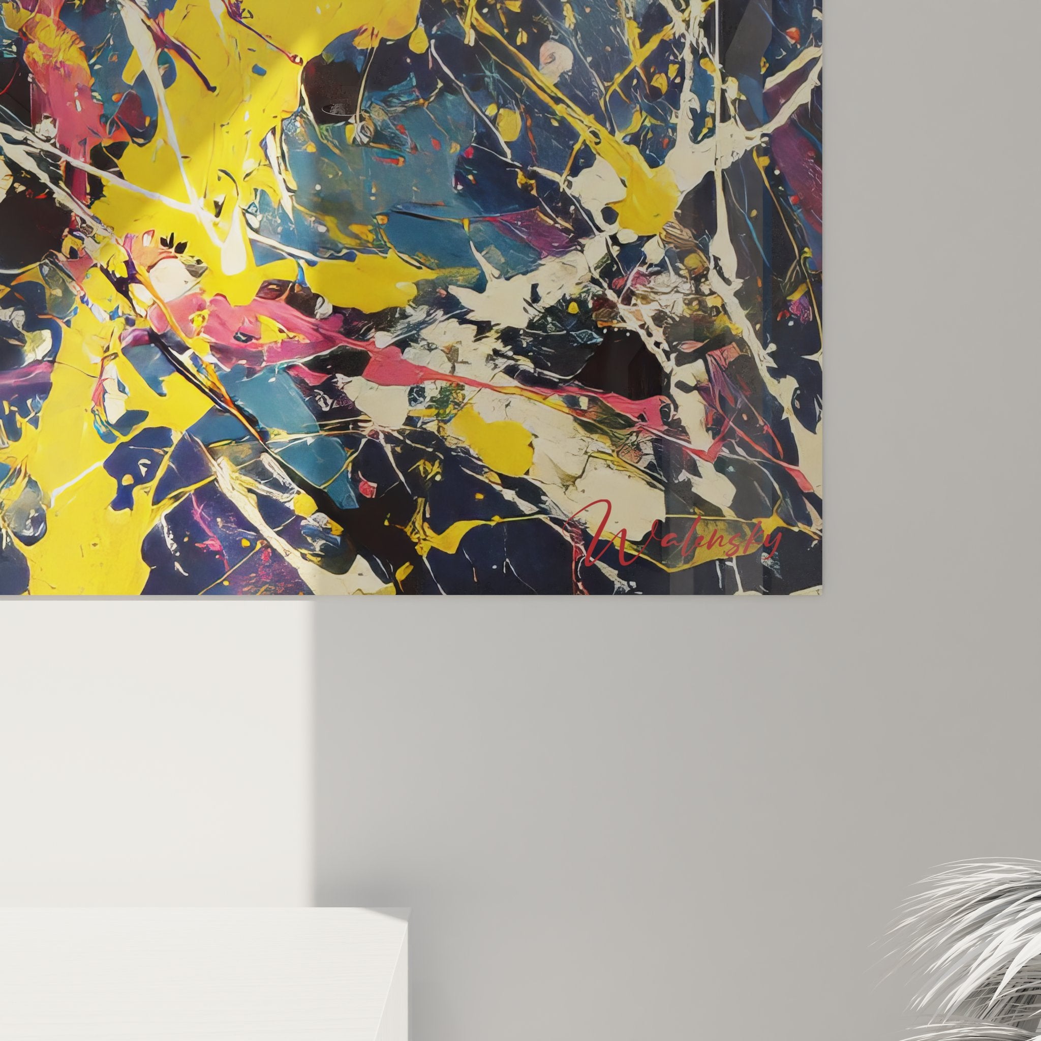 Vue ensemble tableau mural abstrait explosion couleurs décoration intérieure style contemporain